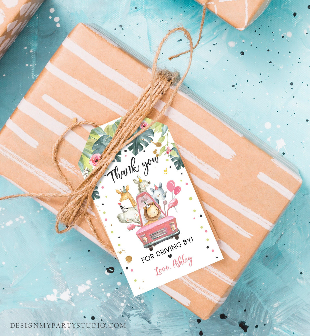Editable Drive By Favor Tag Drive Through Birthday Party Parade Thank You Baby Shower Tags Pink Girl Safari Animals Corjl Template 0345