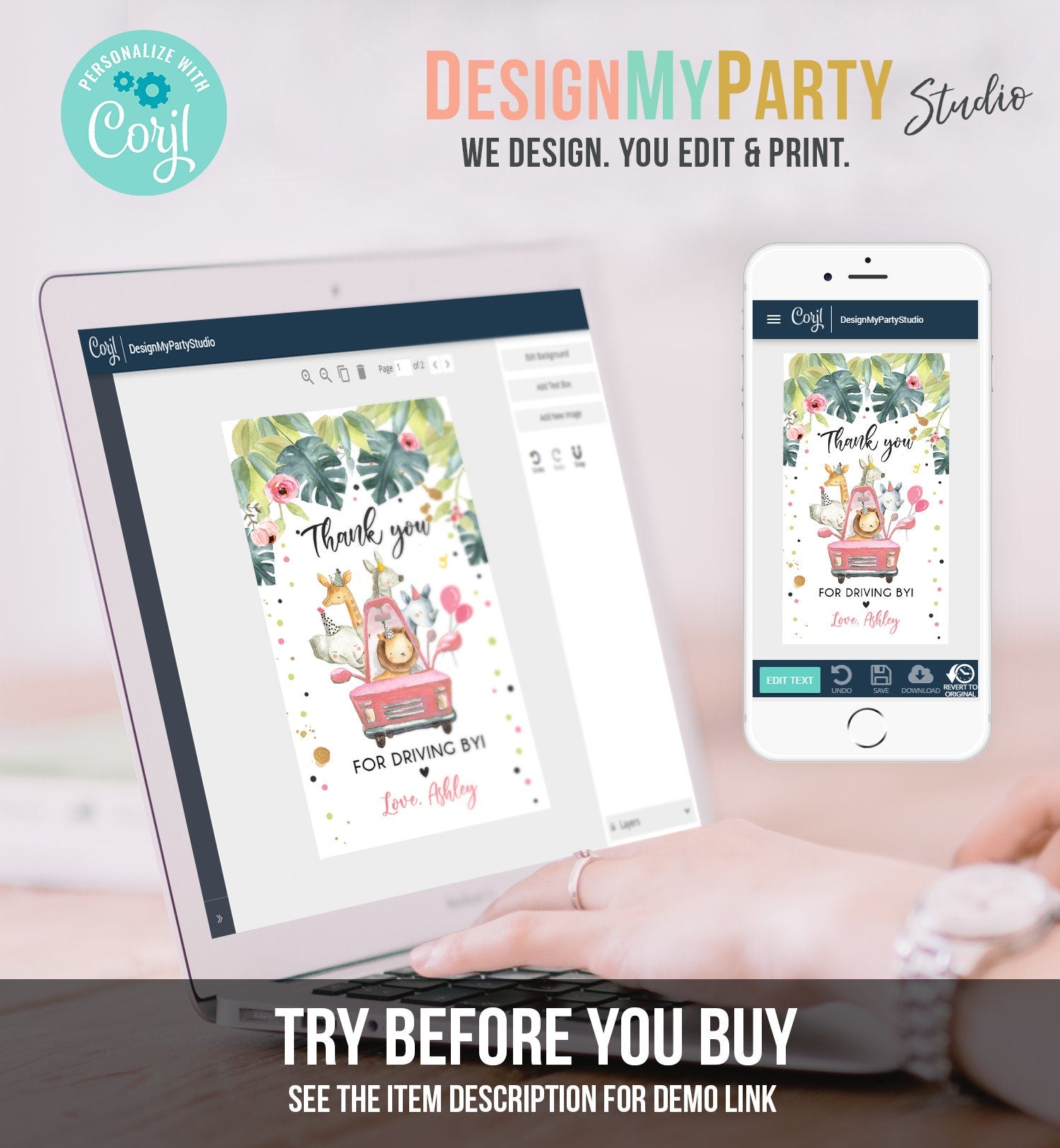 Editable Drive By Favor Tag Drive Through Birthday Party Parade Thank You Baby Shower Tags Pink Girl Safari Animals Corjl Template 0345
