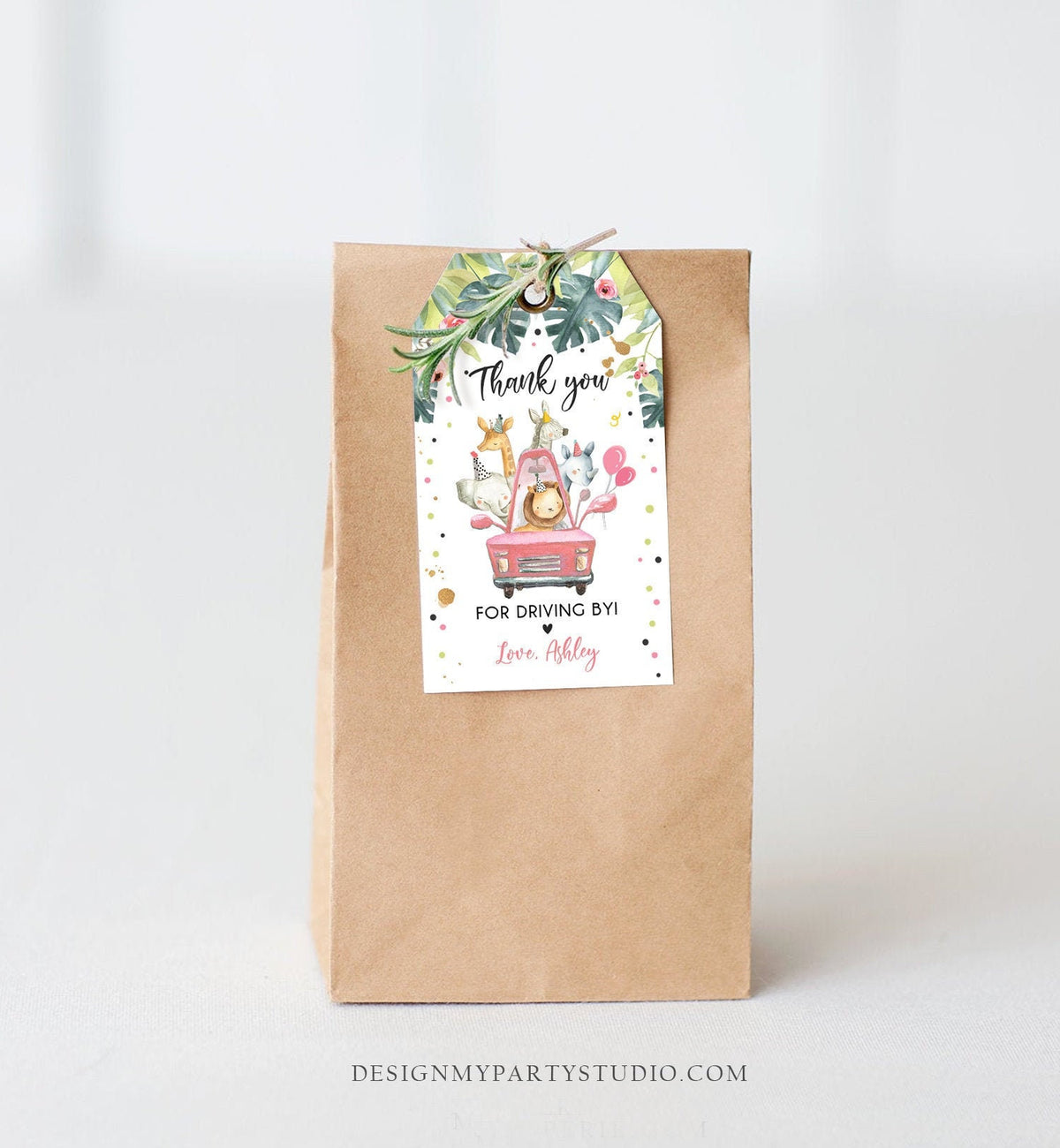 Editable Drive By Favor Tag Drive Through Birthday Party Parade Thank You Baby Shower Tags Pink Girl Safari Animals Corjl Template 0345