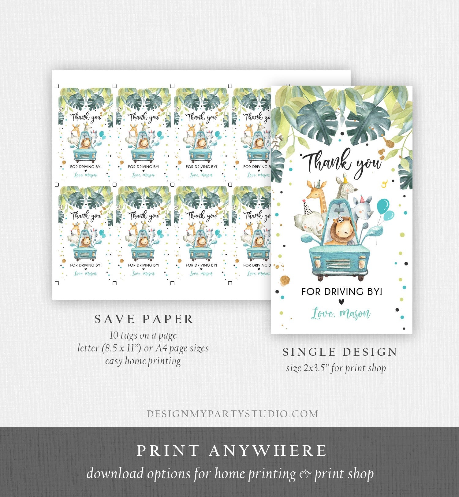 Editable Drive By Favor Tag Drive Through Birthday Party Parade Thank You Baby Shower Tags Blue Boy Safari Animals Corjl Template 0345