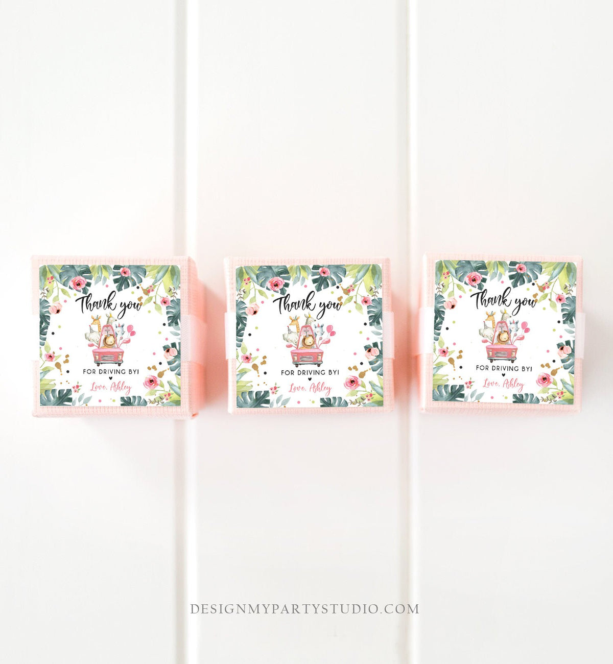 Editable Drive By Favor Tag Thank You Driving By Safari Animals Baby Shower Birthday Parade Gift Tags Quarantine Pink Car Girl Corjl 0345
