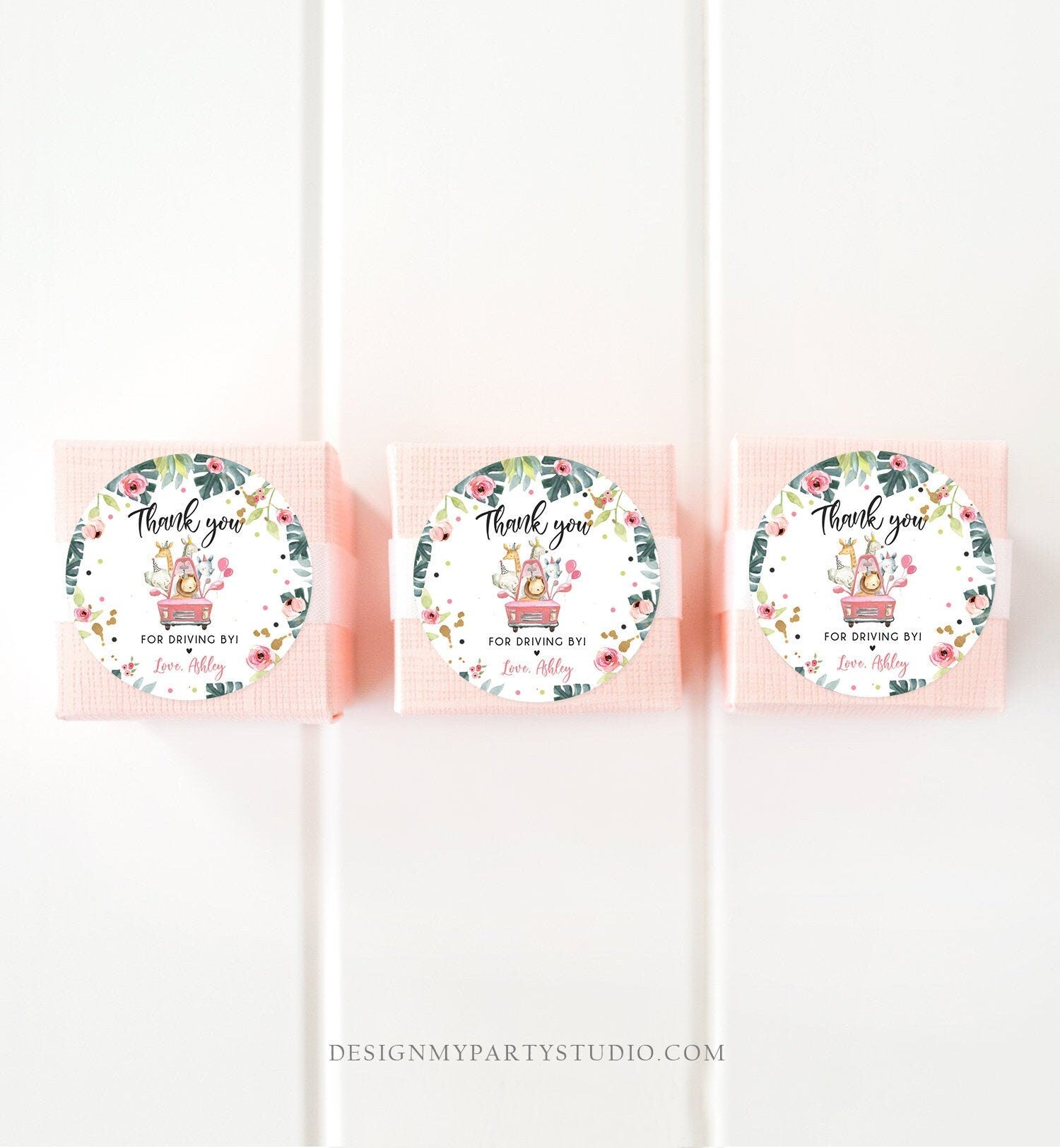 Editable Drive By Favor Tag Thank You Driving By Safari Animals Baby Shower Birthday Parade Gift Tags Quarantine Pink Car Girl Corjl 0345