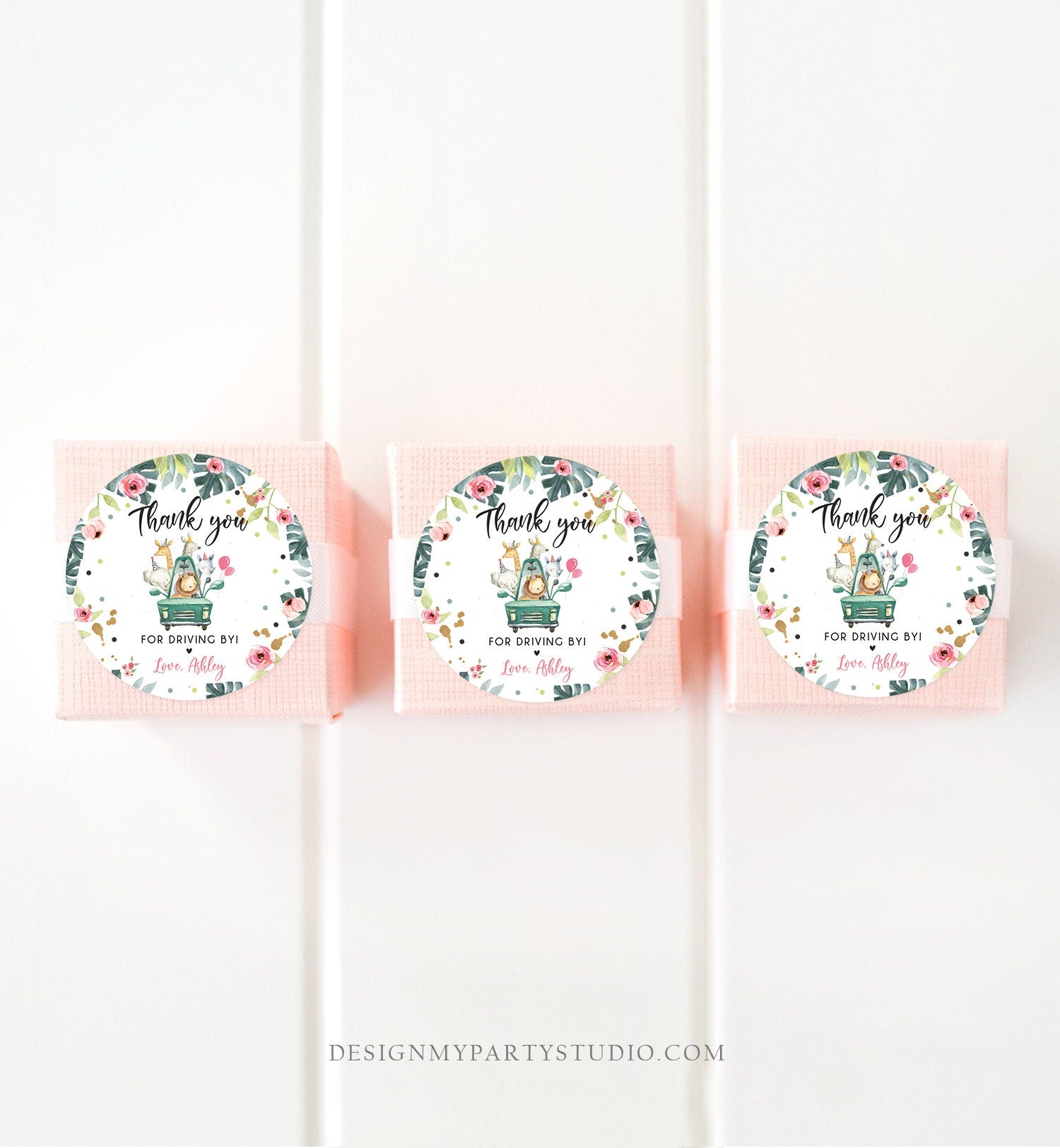 Editable Drive By Favor Tag Thank You Driving By Safari Animals Baby Shower Birthday Parade Gift Tags Quarantine Pink Car Girl Corjl 0345
