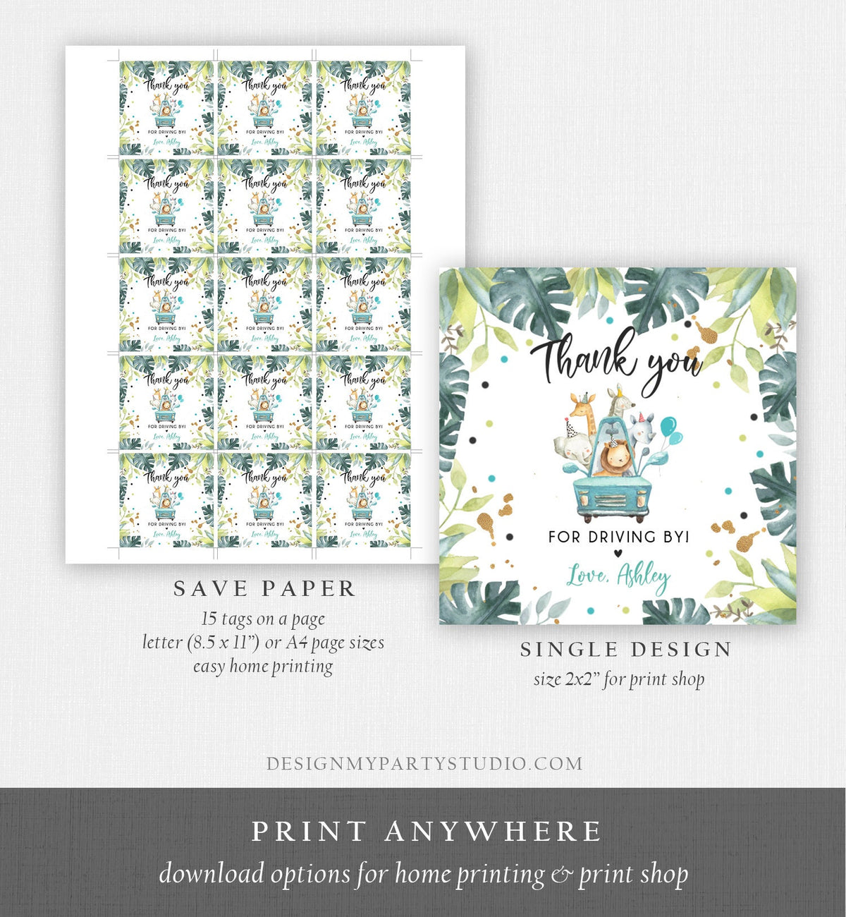 Editable Drive By Favor Tag Thank You Driving By Safari Animals Baby Shower Birthday Parade Gift Tags Quarantine Blue Car Boy Corjl 0345