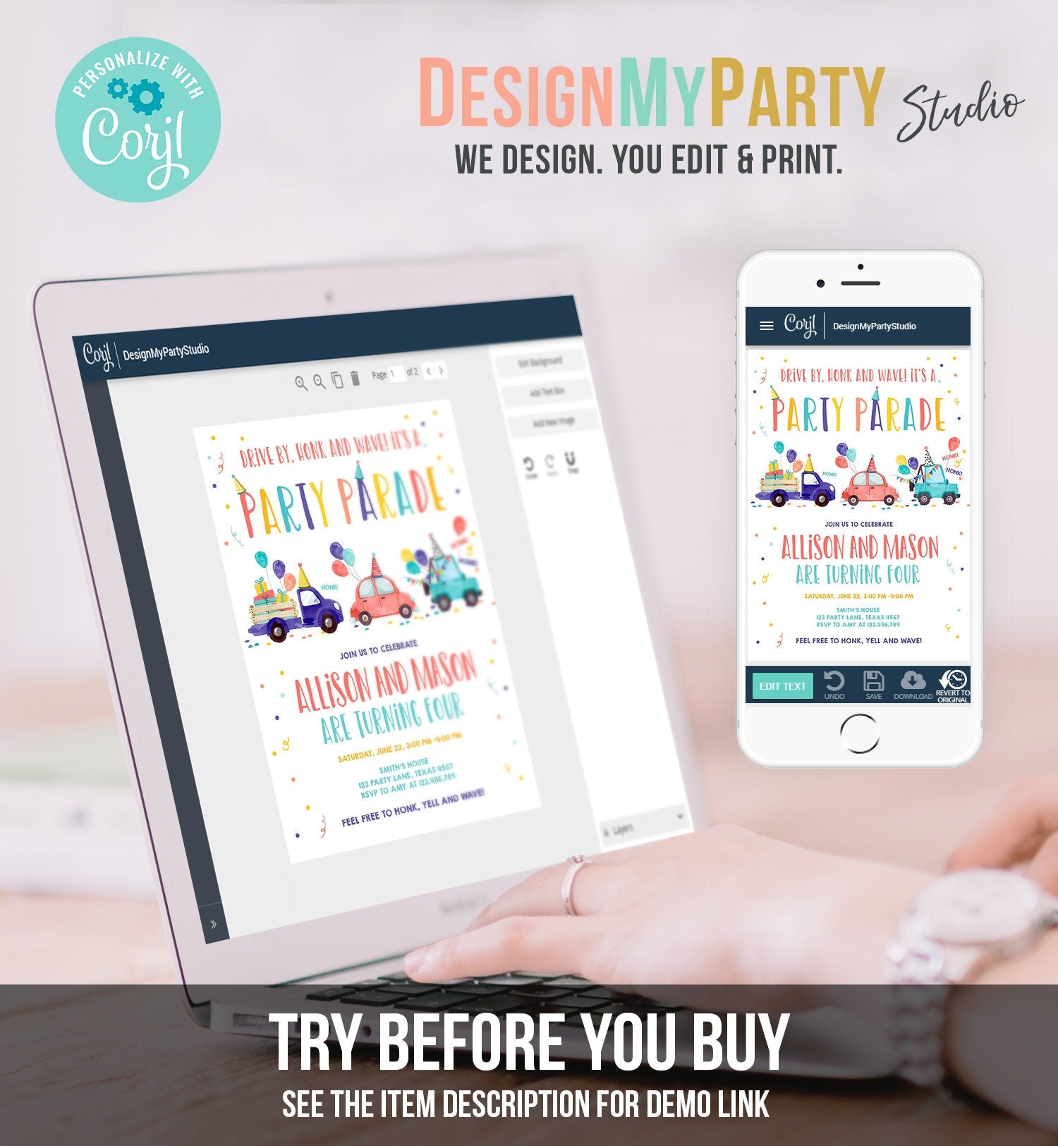 Editable Drive By Birthday Parade Invitation Virtual Party Invite Girl Boy Twin Joint Birthday Quarantine Download Digital Corjl 0333