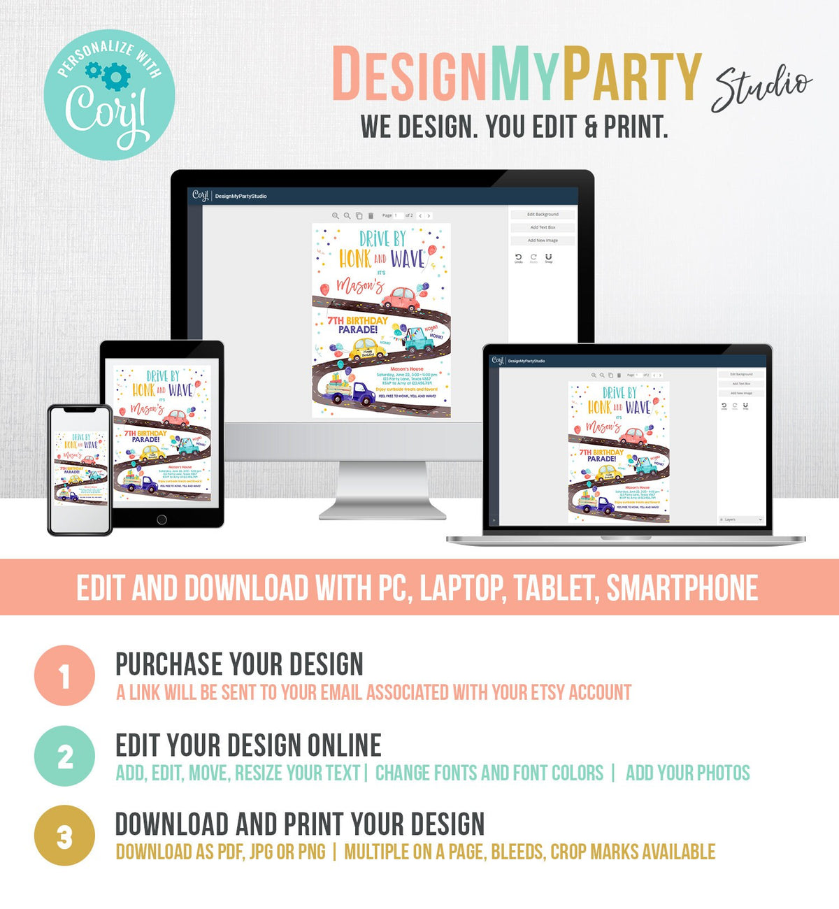 Editable Drive By Birthday Parade Invitation Virtual Party Invite Honk Wave Car Boy Girl Quarantine Instant Download Digital Corjl 0333