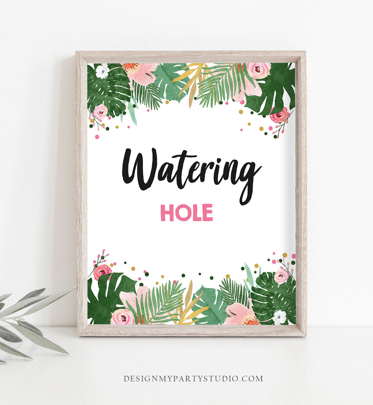 Watering Hole Birthday Sign Drink Table Decor Tropical Safari Birthday Wild One Animals Girl Pink Gold Table Sign Jungle PRINTABLE 0332