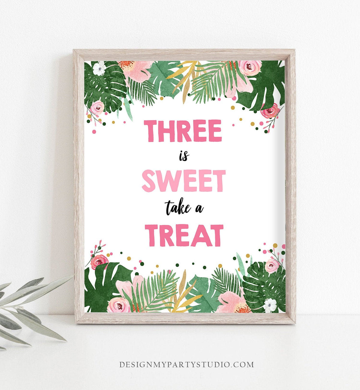 Three is Sweet Take a Treat Third Birthday Sign Girl Safari Animals Party 3rd Tropical Pink Gold Jungle Zoo Table Sign Decor Printable 0332