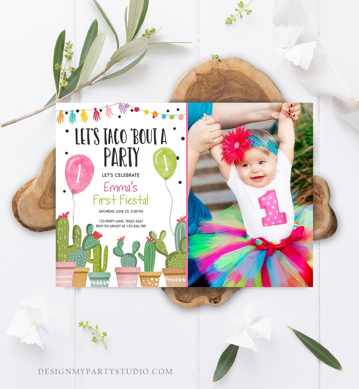Editable Taco Bout a Party Birthday Invitation ANY AGE Fiesta Cactus Succulent 1st First Birthday Mexican Girl Pink Corjl Template 0254