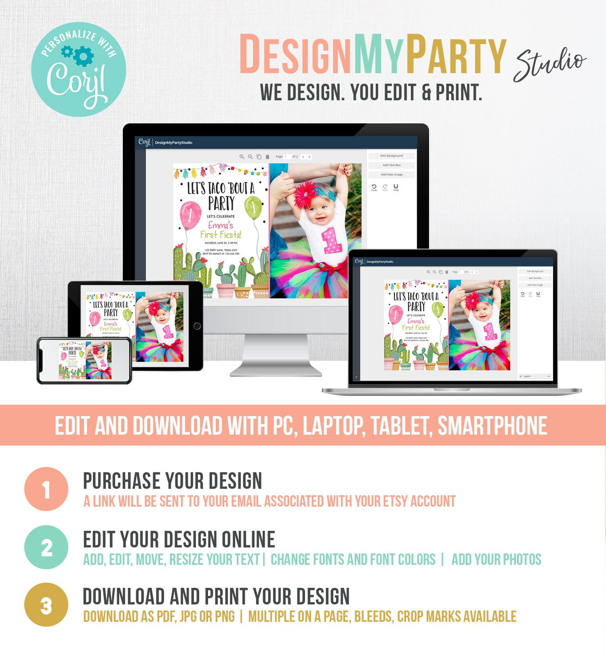 Editable Taco Bout a Party Birthday Invitation ANY AGE Fiesta Cactus Succulent 1st First Birthday Mexican Girl Pink Corjl Template 0254