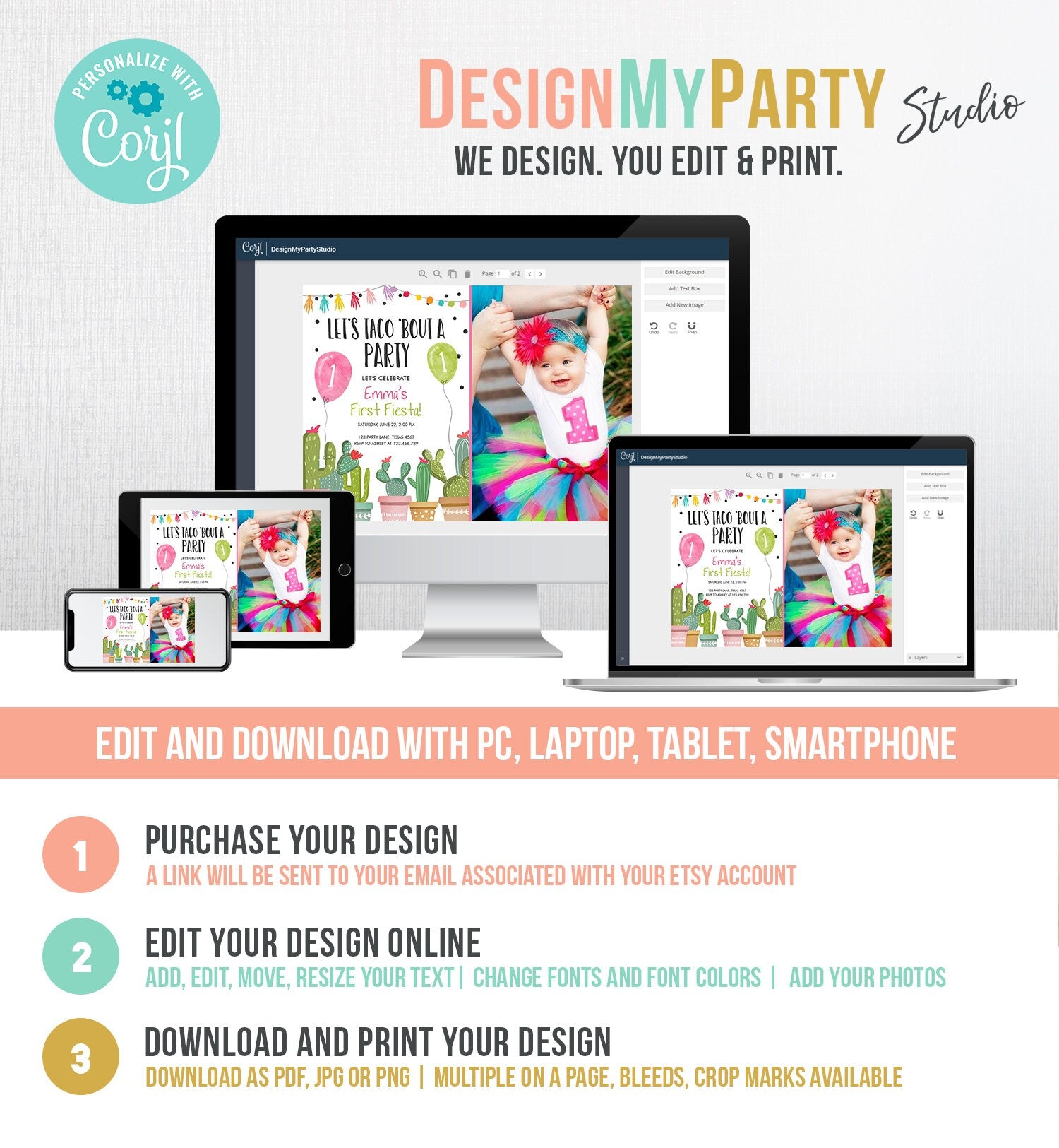 Editable Taco Bout a Party Birthday Invitation ANY AGE Fiesta Cactus Succulent 1st First Birthday Mexican Girl Pink Corjl Template 0254