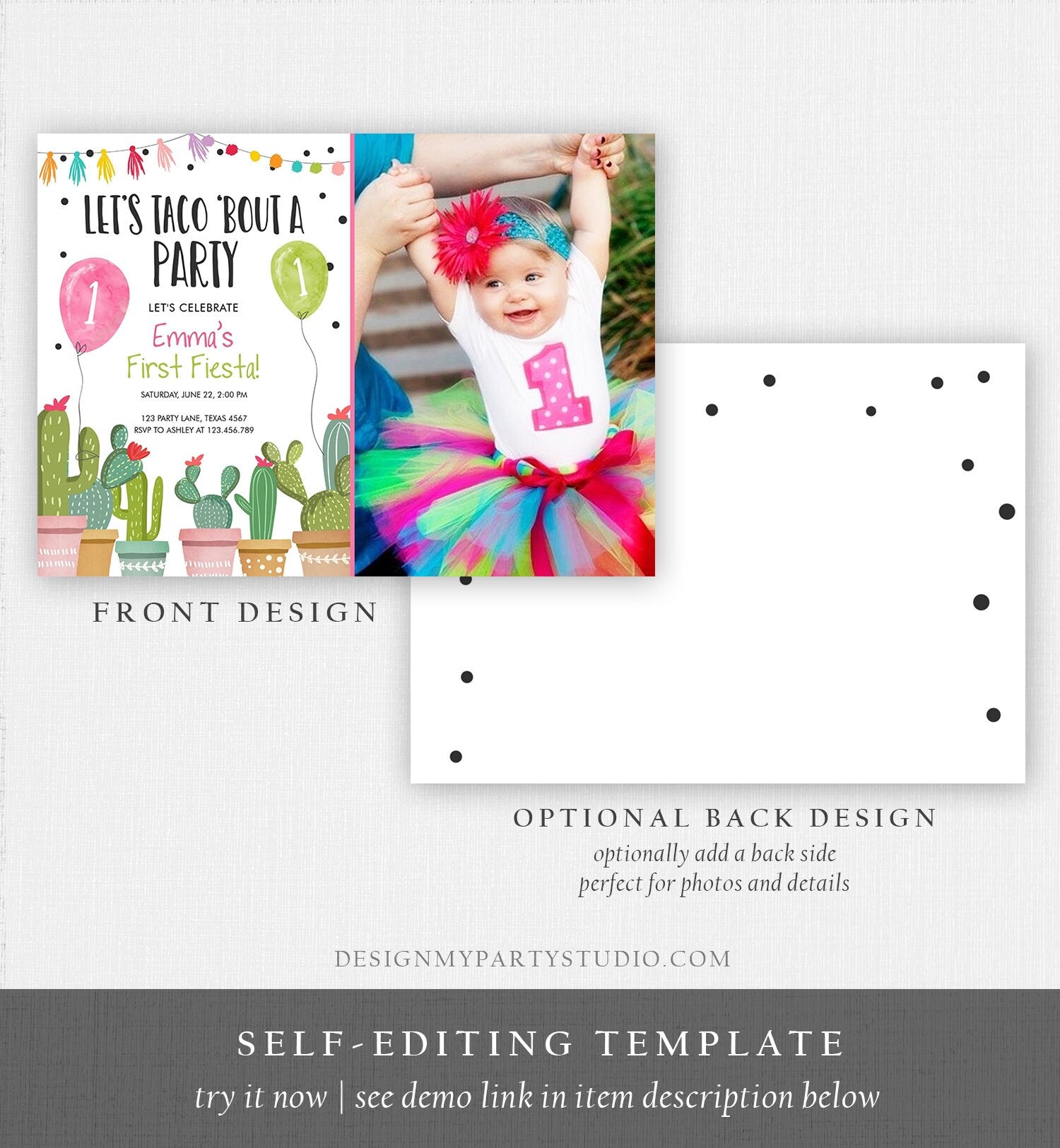 Editable Taco Bout a Party Birthday Invitation ANY AGE Fiesta Cactus Succulent 1st First Birthday Mexican Girl Pink Corjl Template 0254