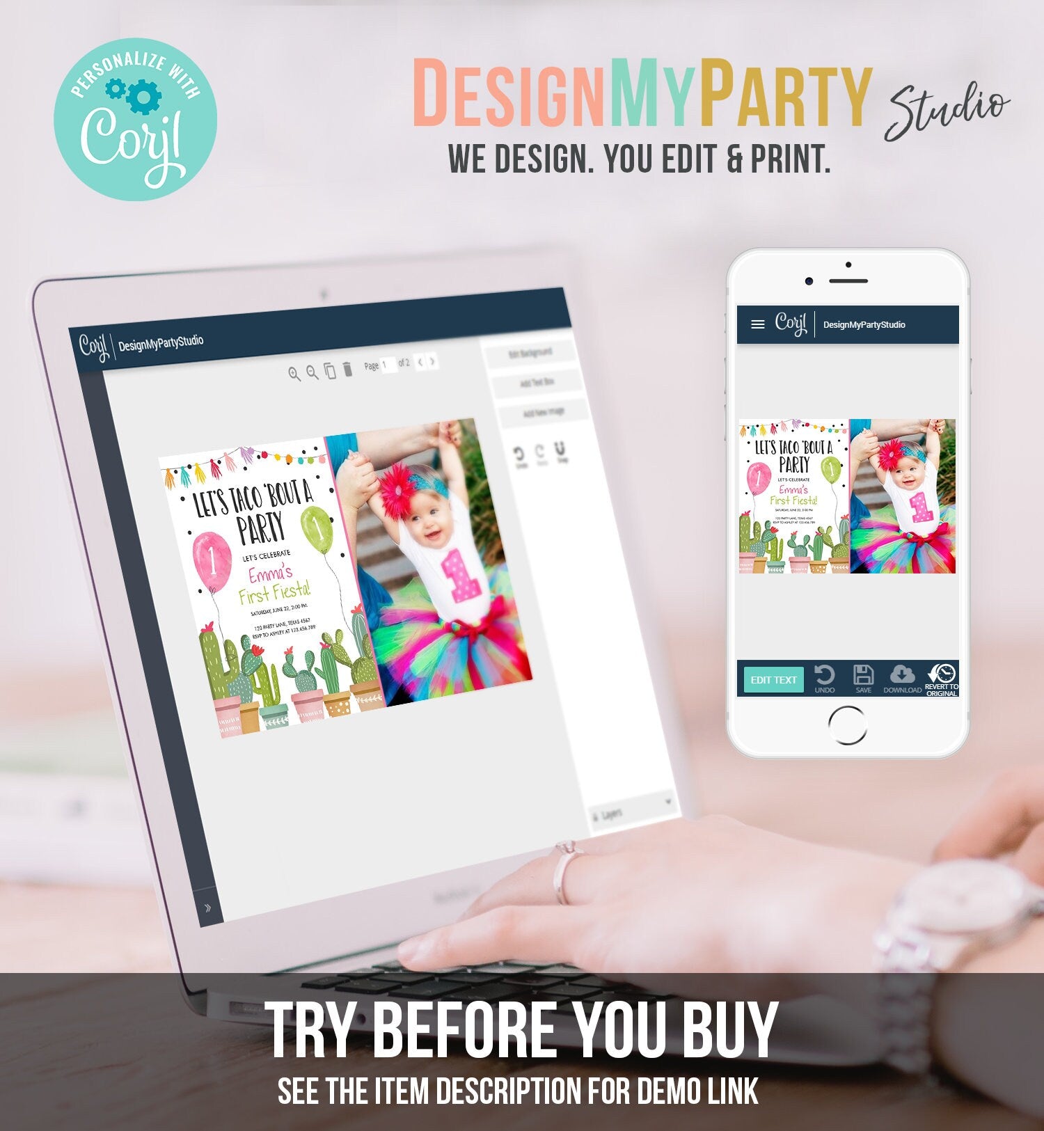 Editable Taco Bout a Party Birthday Invitation ANY AGE Fiesta Cactus Succulent 1st First Birthday Mexican Girl Pink Corjl Template 0254