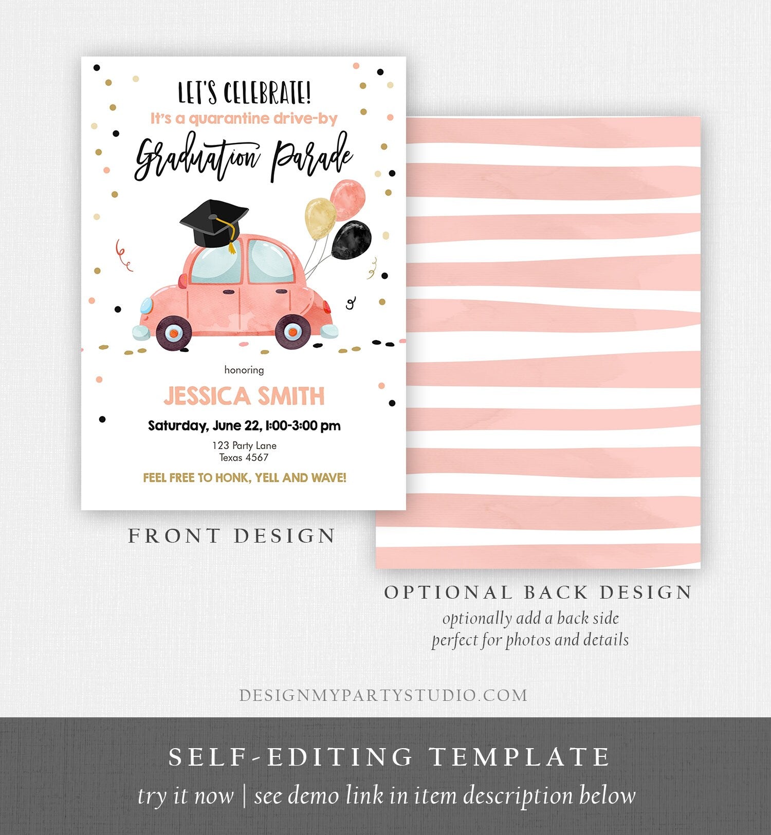 Editable Drive By Graduation Parade Invitation Virtual Graduation Party Invite Girl Quarantine 2021 Graduate Download Digital Corjl 0337