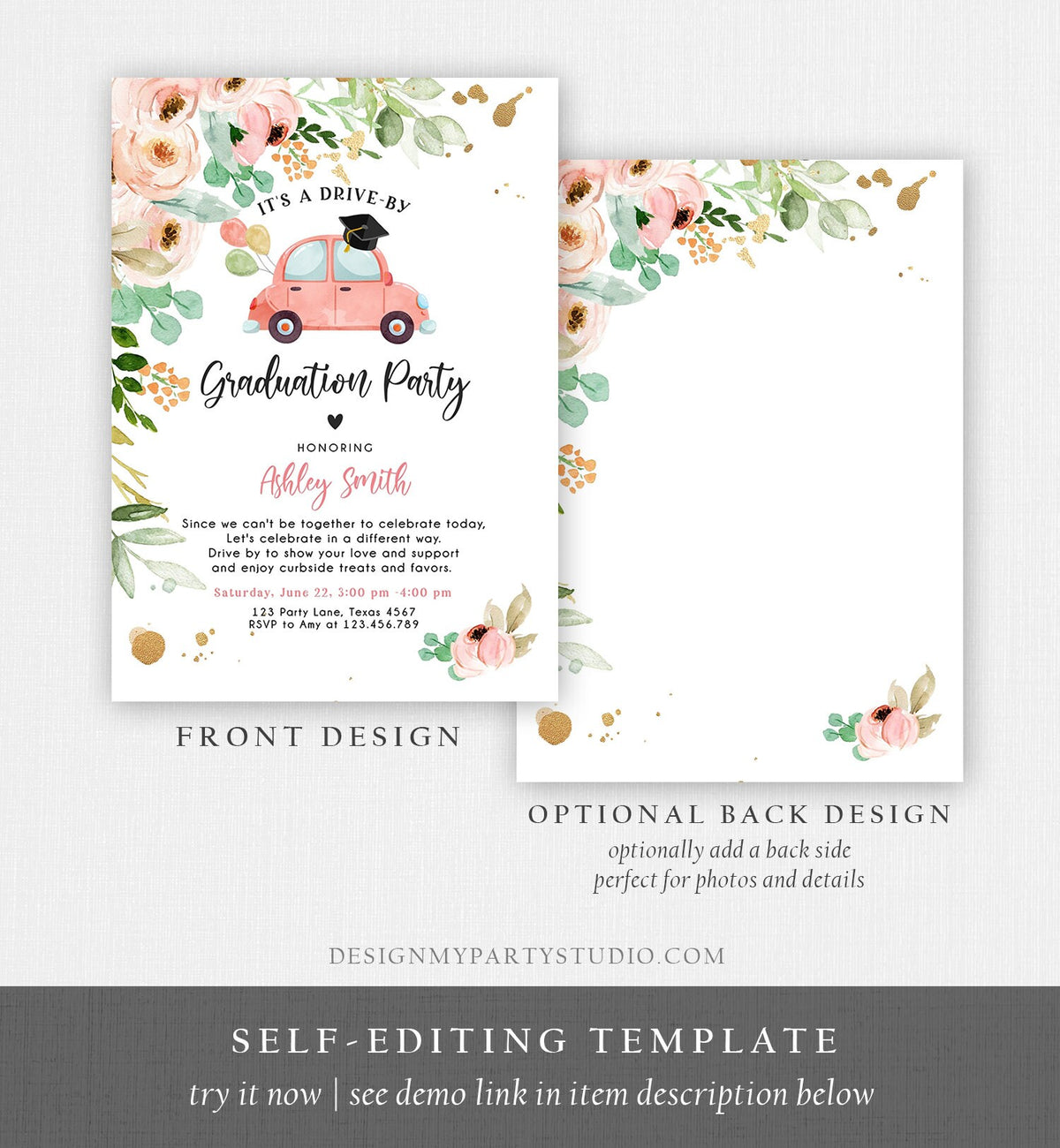 Editable Drive By Graduation Parade Invitation Virtual Graduation Party Invite Girl Quarantine 2020 Graduate Download Digital Corjl 0346