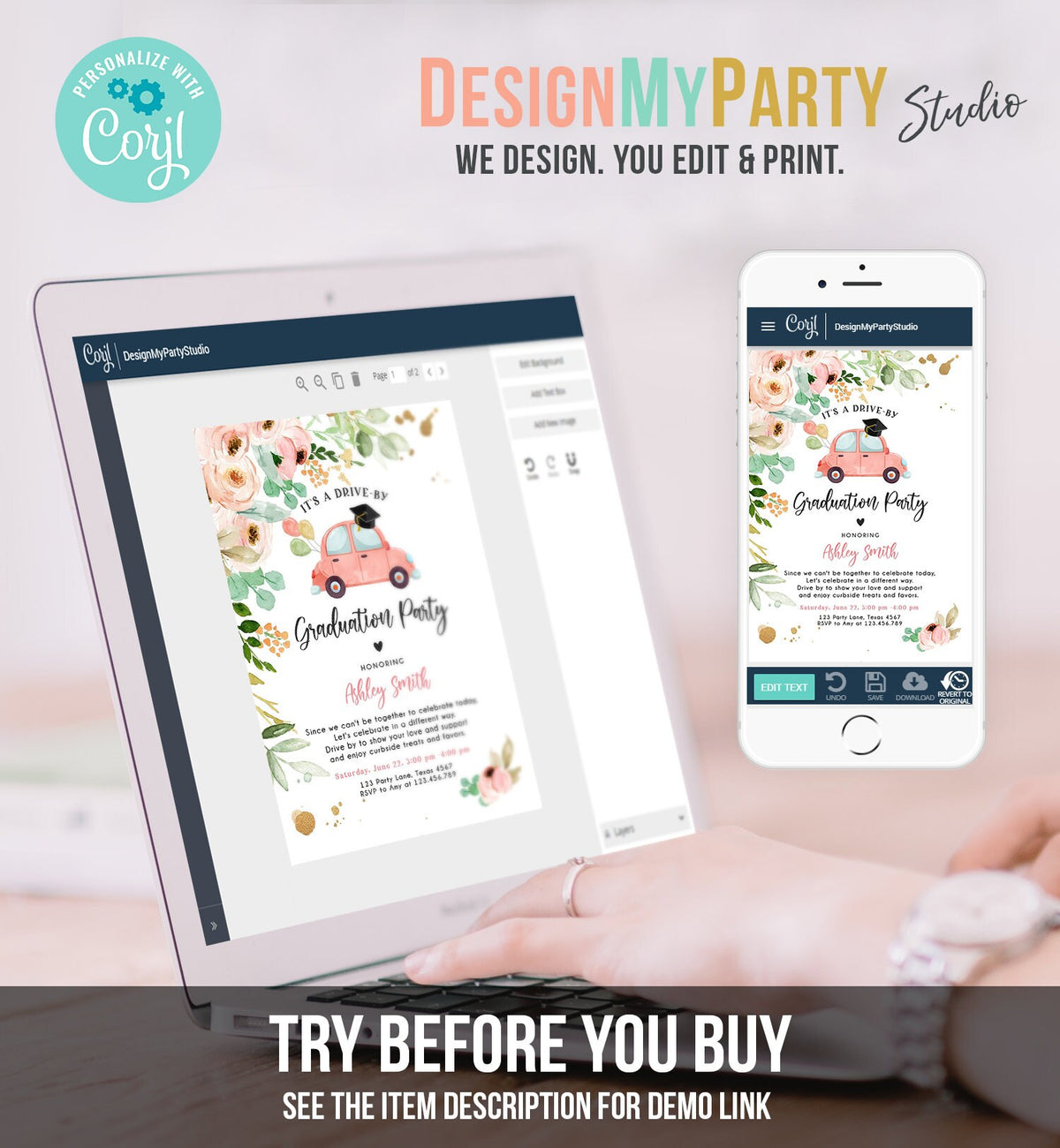 Editable Drive By Graduation Parade Invitation Virtual Graduation Party Invite Girl Quarantine 2020 Graduate Download Digital Corjl 0346