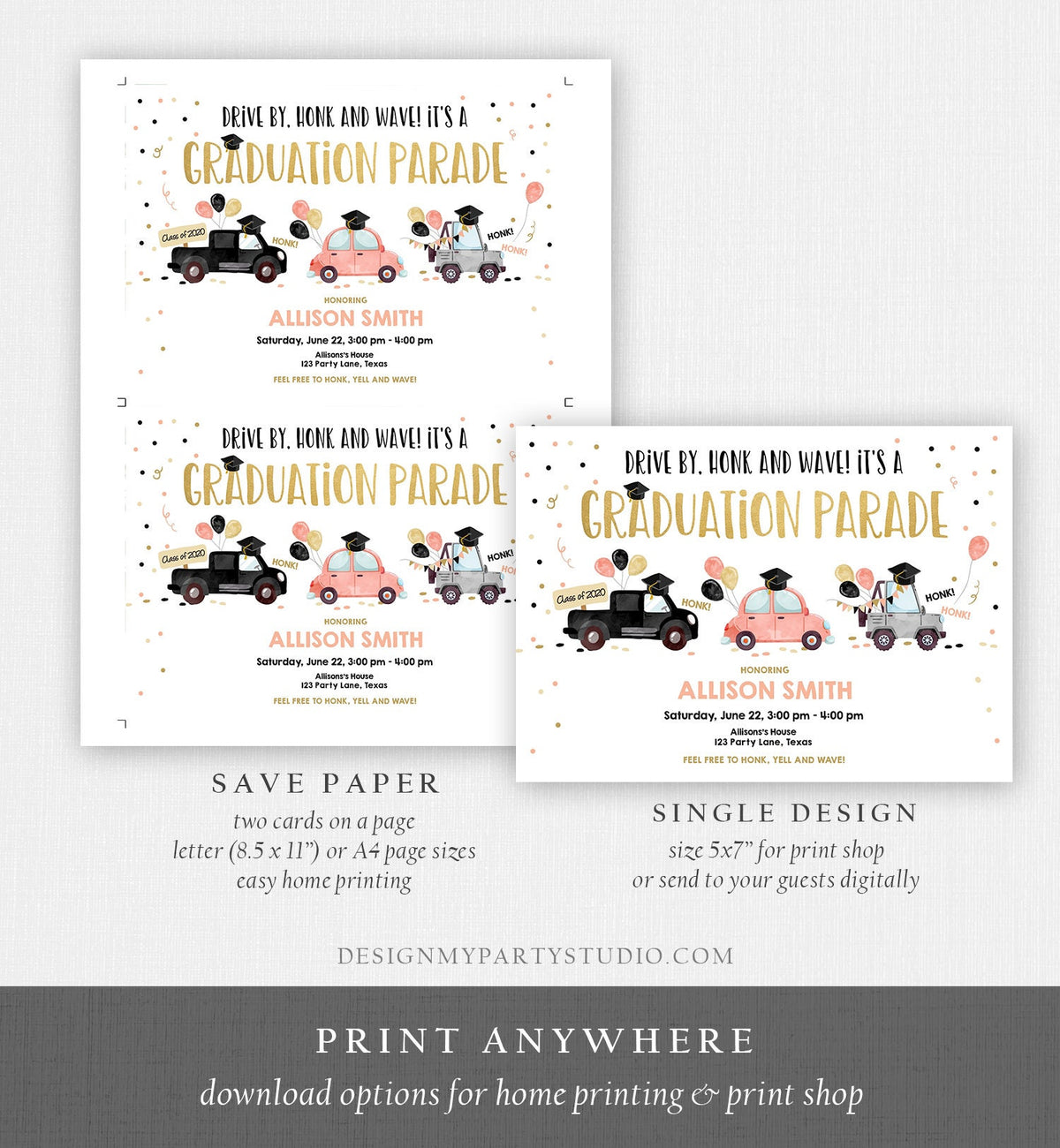 Editable Drive By Graduation Parade Invitation Virtual Party Coral Girl Graduate High School Grad Class 2021 Quarantine Digital Corjl 0337