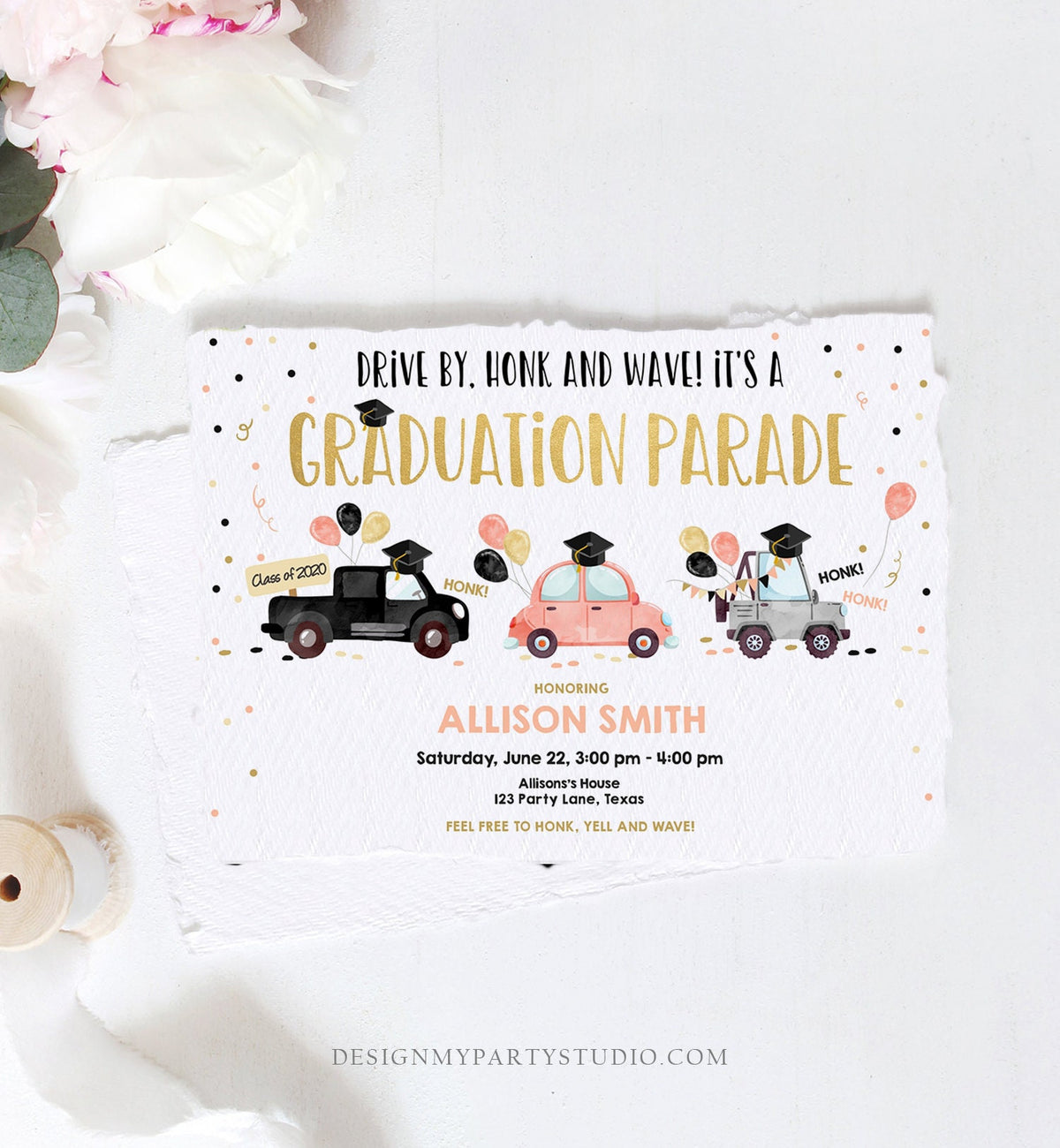 Editable Drive By Graduation Parade Invitation Virtual Party Coral Girl Graduate High School Grad Class 2021 Quarantine Digital Corjl 0337