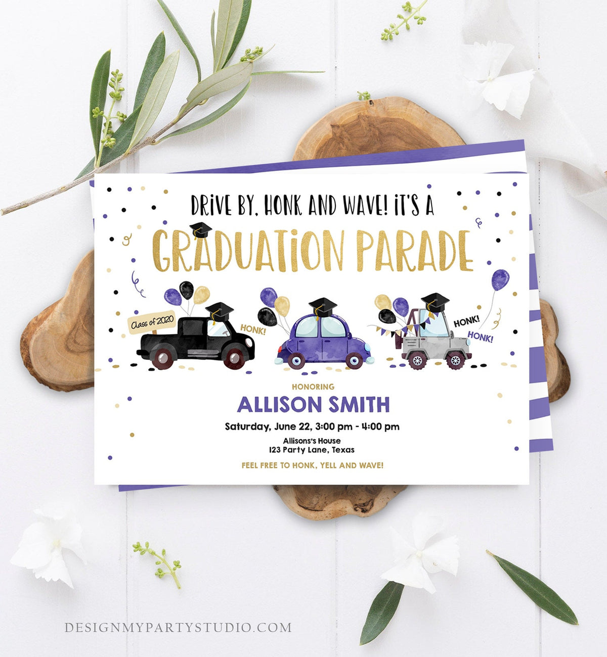 Editable Drive By Graduation Parade Invitation Virtual Party Blue Girl Graduate High School Grad Class 2021 Quarantine Digital Corjl 0337