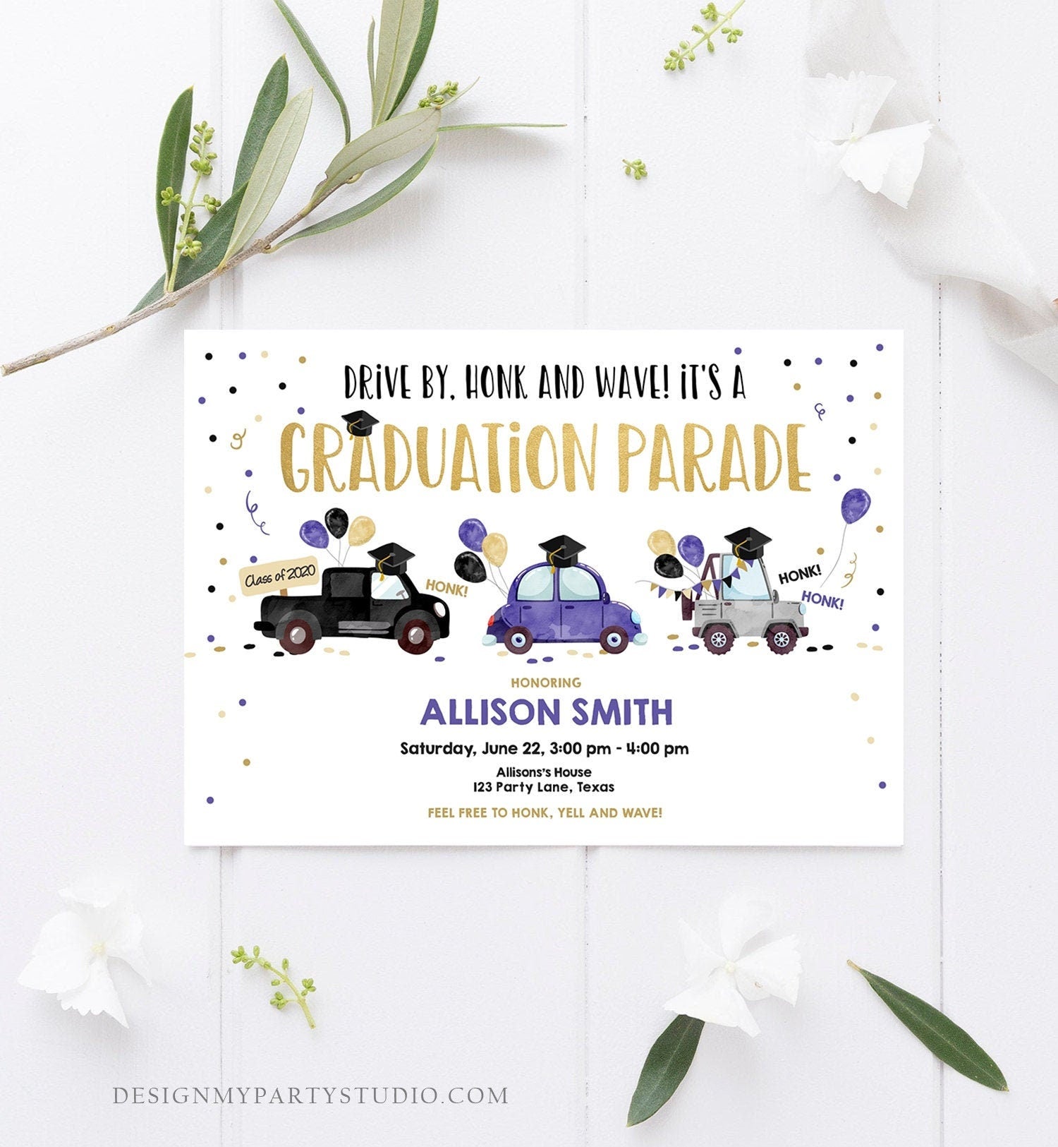 Editable Drive By Graduation Parade Invitation Virtual Party Blue Girl Graduate High School Grad Class 2021 Quarantine Digital Corjl 0337