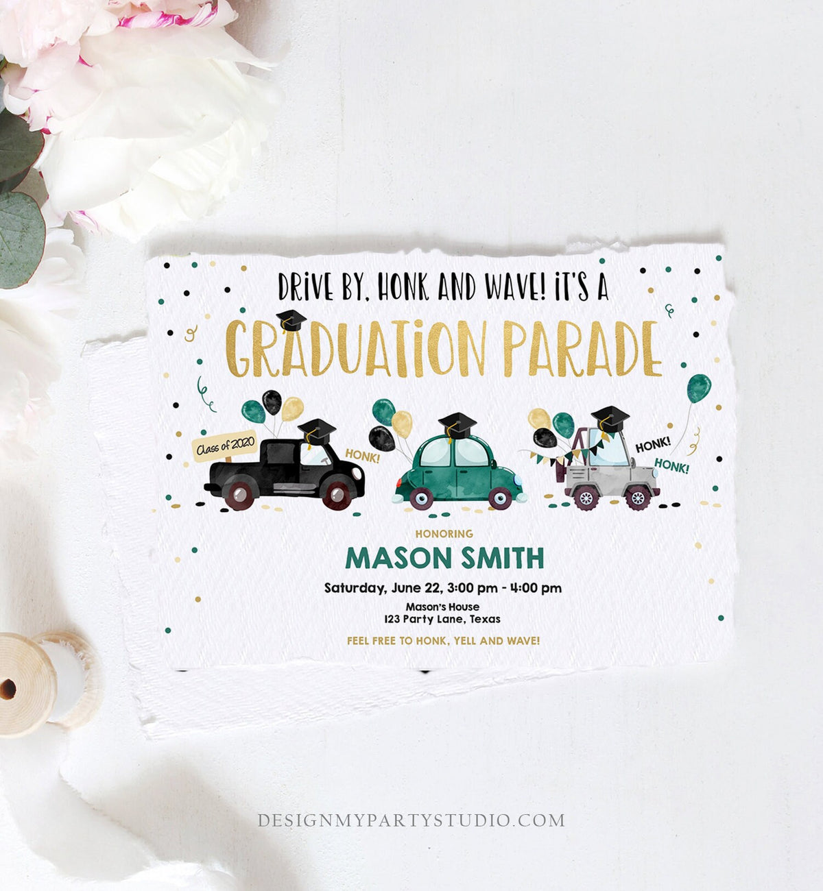 Editable Drive By Graduation Parade Invitation Virtual Party Green Girl Boy Graduate High School Grad Class 2021 Quarantine Corjl 0337