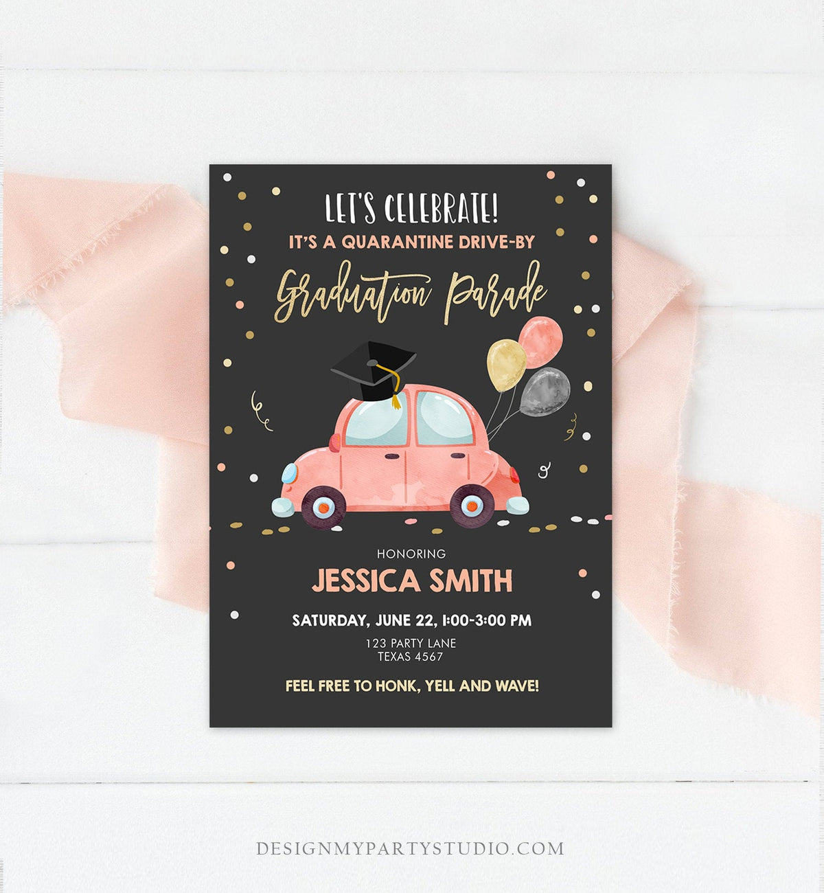 Editable Drive By Graduation Parade Invitation Virtual Party Coral Girl Graduate High School Grad Class 2020 Quarantine Digital Corjl 0337