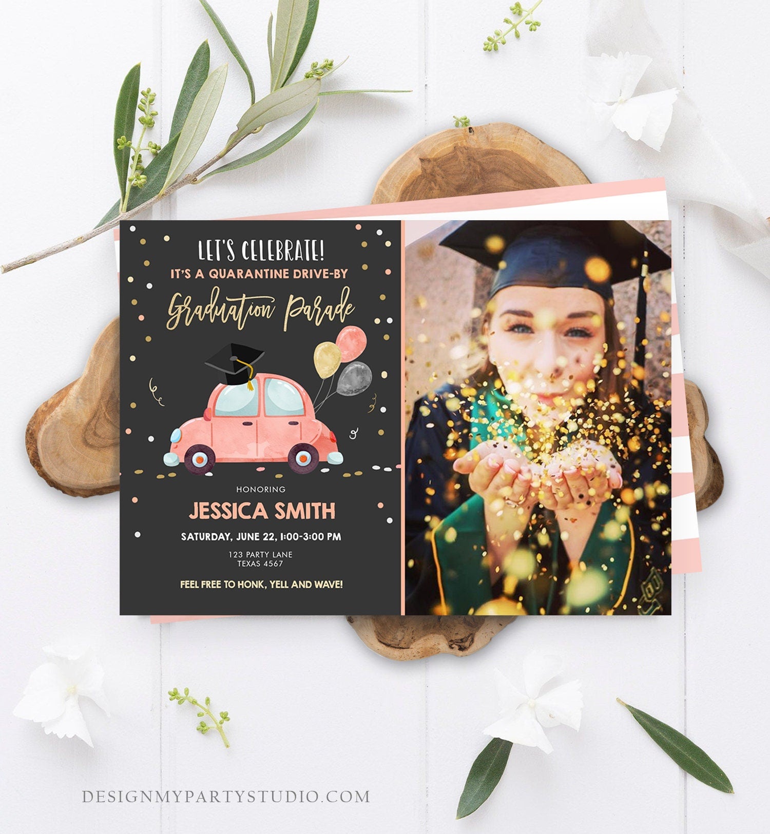 Editable Drive By Graduation Parade Invitation Virtual Party Coral Girl Graduate High School Grad Class 2021 Quarantine Digital Corjl 0337