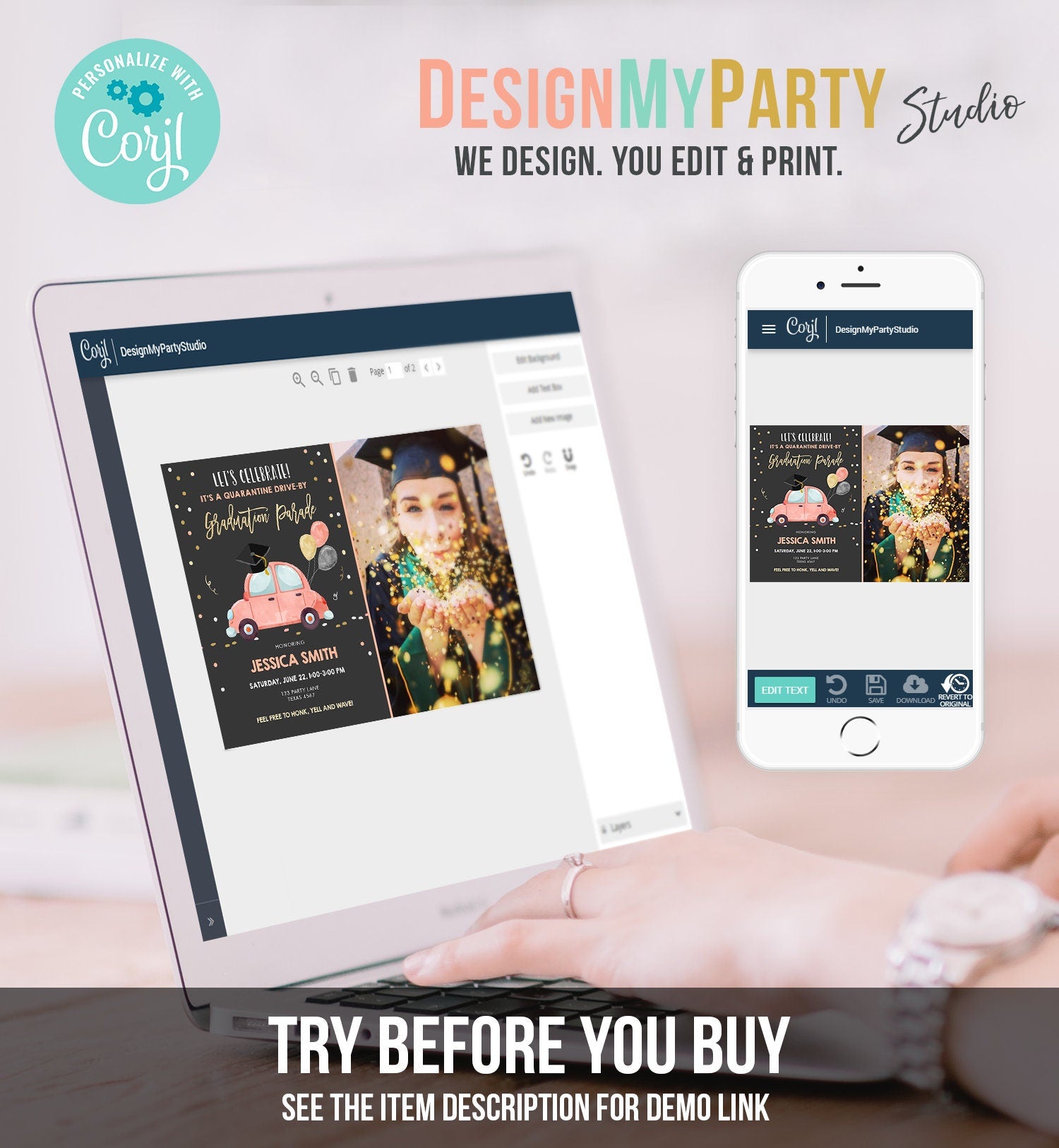 Editable Drive By Graduation Parade Invitation Virtual Party Coral Girl Graduate High School Grad Class 2021 Quarantine Digital Corjl 0337