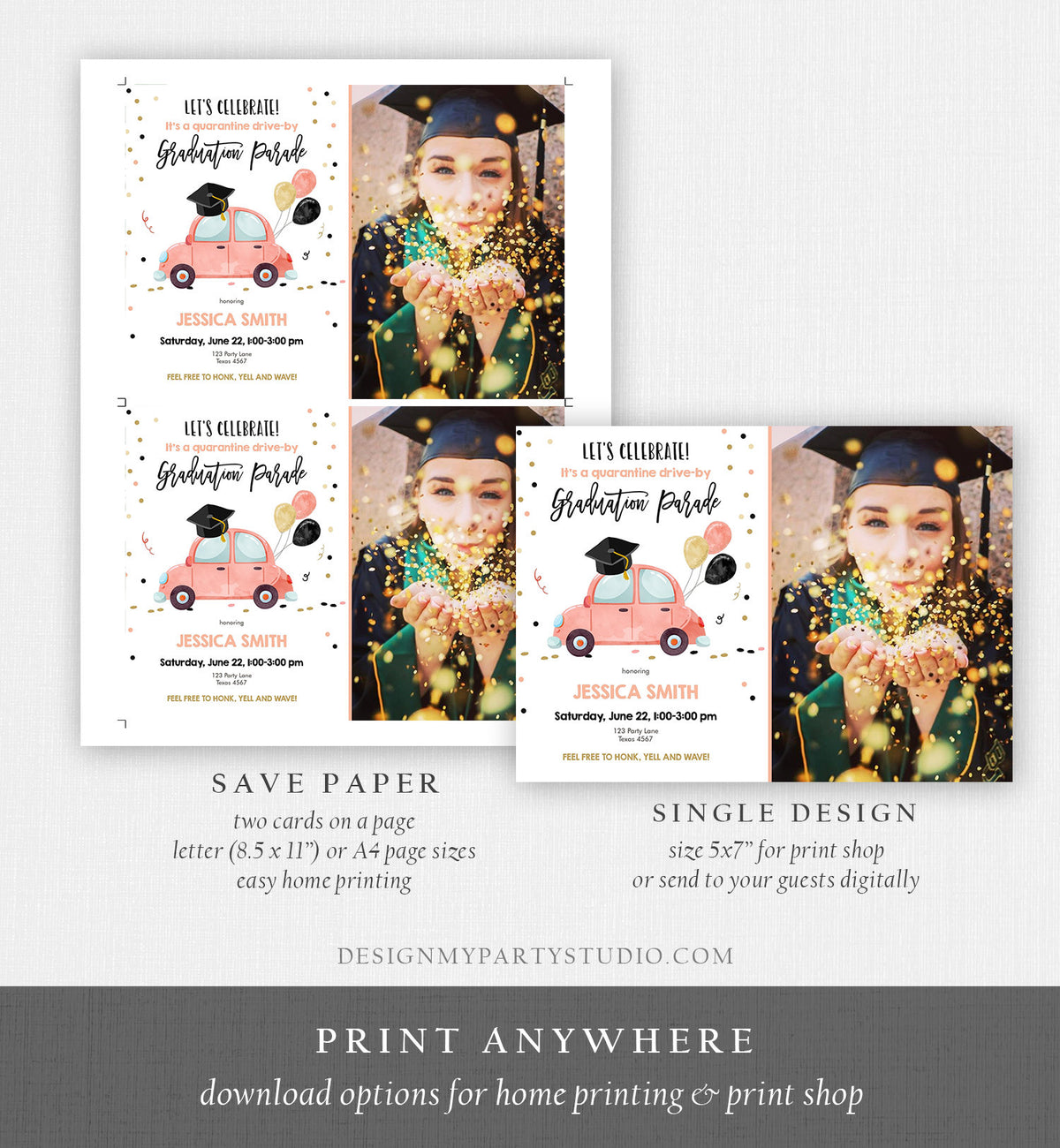 Editable Drive By Graduation Parade Invitation Virtual Party Coral Girl Graduate High School Grad Class 2020 Quarantine Digital Corjl 0337
