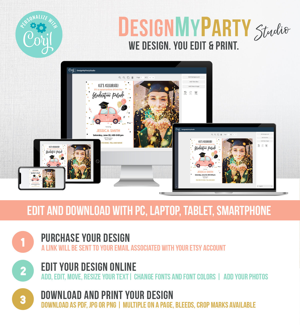 Editable Drive By Graduation Parade Invitation Virtual Party Coral Girl Graduate High School Grad Class 2020 Quarantine Digital Corjl 0337