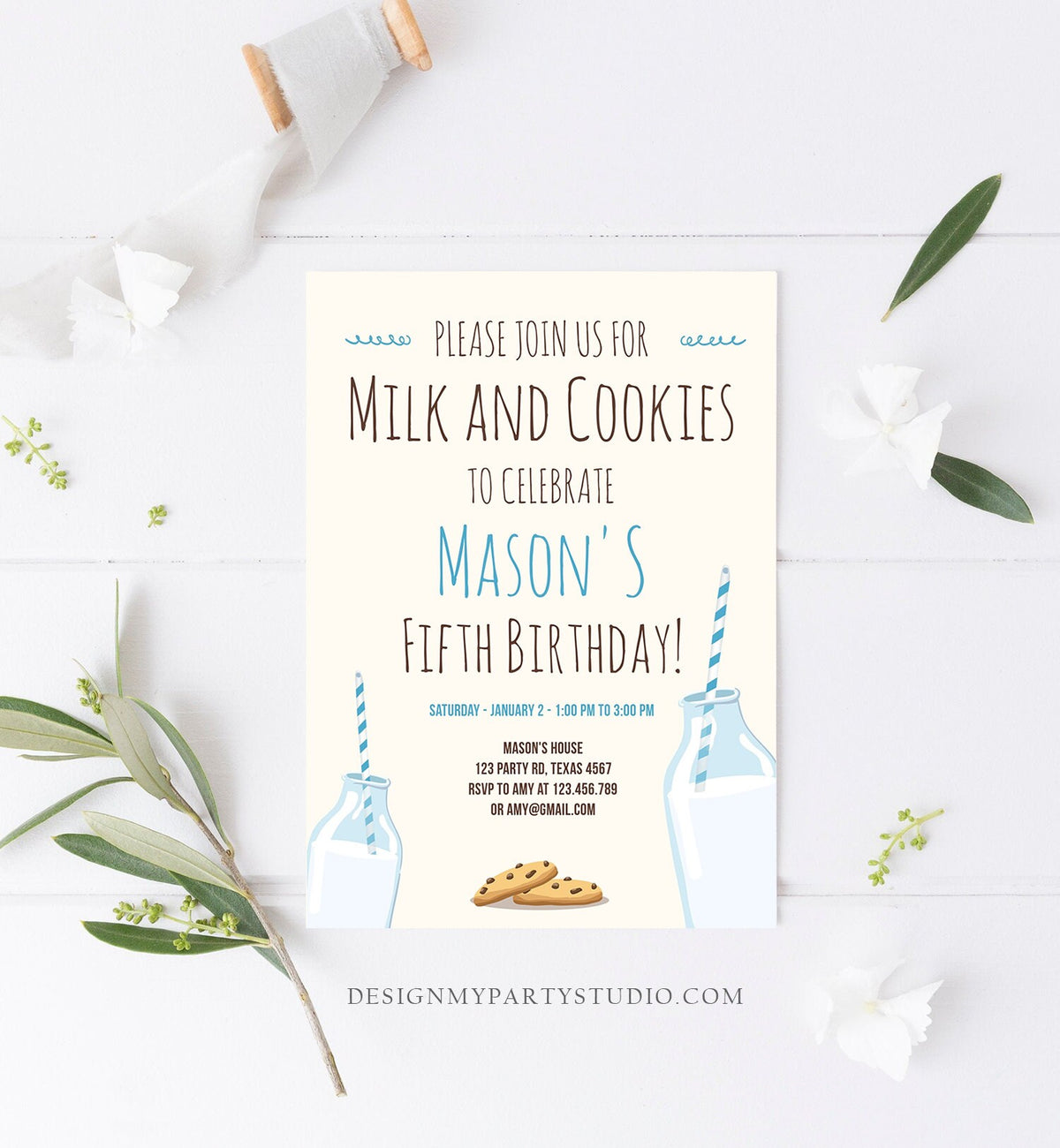 Editable Milk and Cookies Birthday Invitation Milk &amp; Cookies Party Boy Blue Sweet Chocolate Chip Cookie Corjl Template Printable 0088