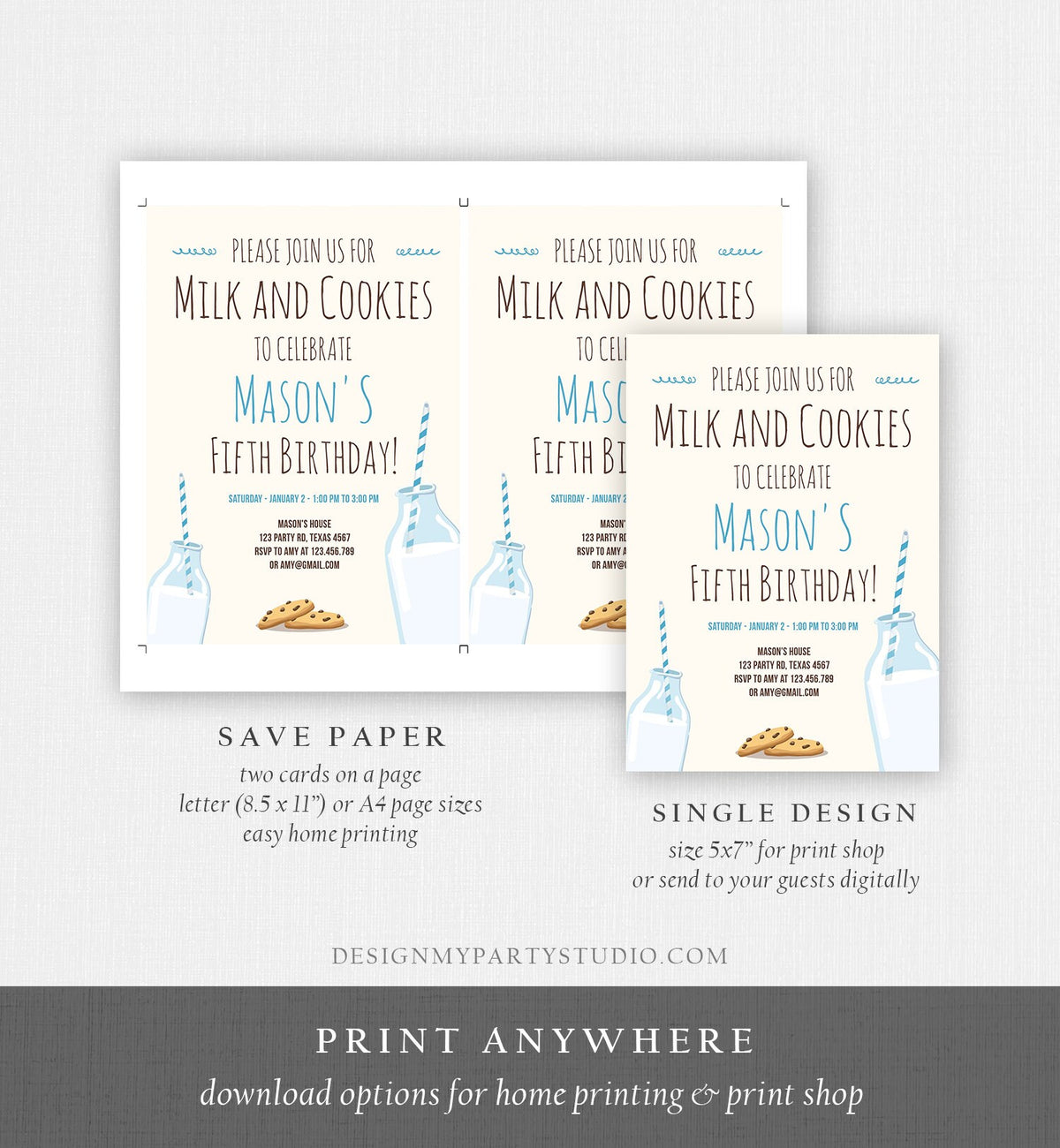 Editable Milk and Cookies Birthday Invitation Milk &amp; Cookies Party Boy Blue Sweet Chocolate Chip Cookie Corjl Template Printable 0088
