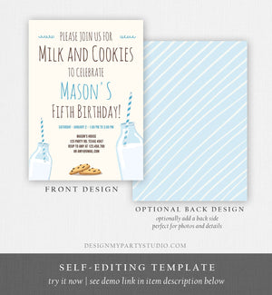 Editable Milk and Cookies Birthday Invitation Milk & Cookies Party Boy Blue Sweet Chocolate Chip Cookie Corjl Template Printable 0088