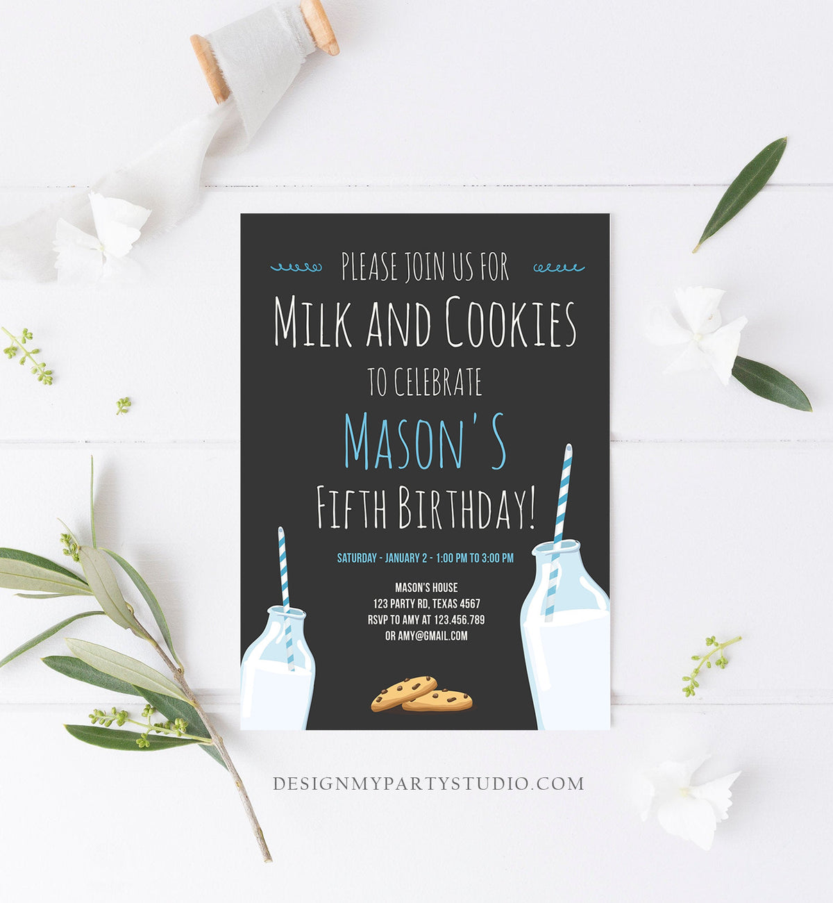 Editable Milk and Cookies Birthday Invitation Milk &amp; Cookies Party Boy Blue Sweet Chocolate Chip Cookie Corjl Template Printable 0088