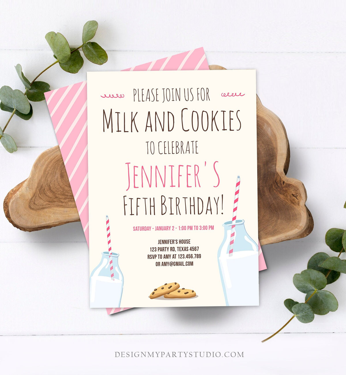 Editable Milk and Cookies Birthday Invitation Milk &amp; Cookies Party Girl Pink Sweet Chocolate Chip Cookie Corjl Template Printable 0088