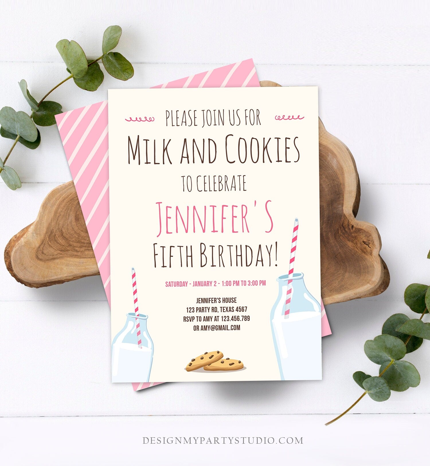 Editable Milk and Cookies Birthday Invitation Milk & Cookies Party Girl Pink Sweet Chocolate Chip Cookie Corjl Template Printable 0088