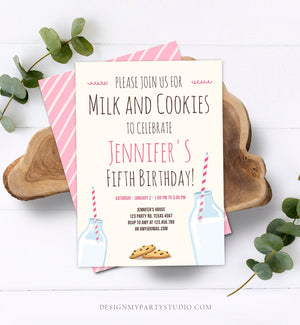 Editable Milk and Cookies Birthday Invitation Milk & Cookies Party Girl Pink Sweet Chocolate Chip Cookie Corjl Template Printable 0088