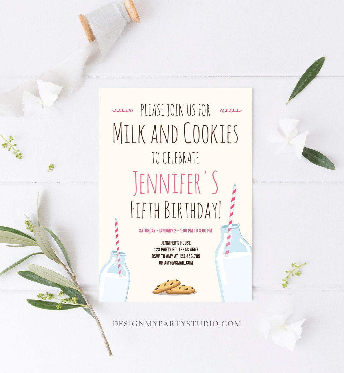 Editable Milk and Cookies Birthday Invitation Milk &amp; Cookies Party Girl Pink Sweet Chocolate Chip Cookie Corjl Template Printable 0088
