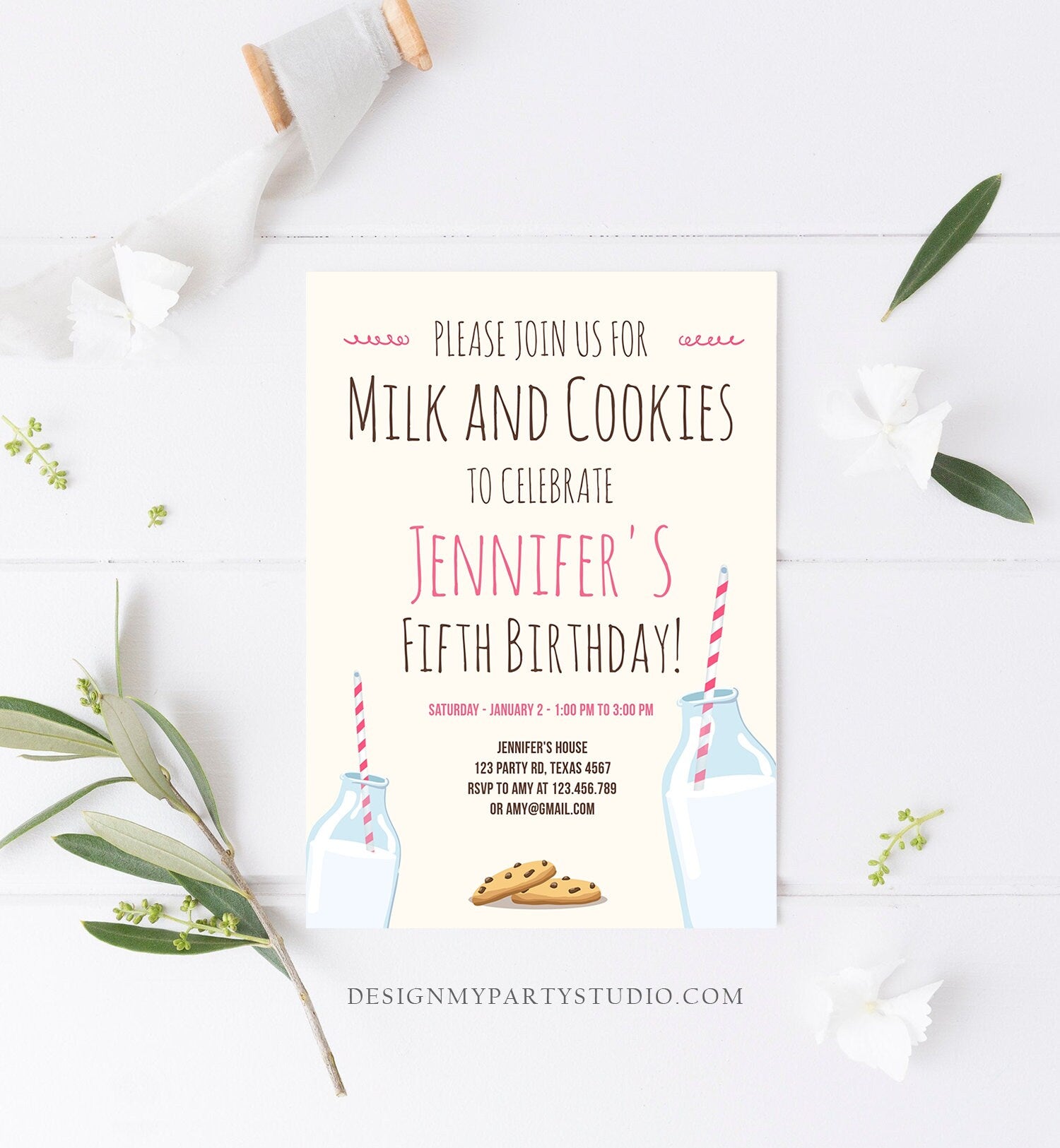 Editable Milk and Cookies Birthday Invitation Milk & Cookies Party Girl Pink Sweet Chocolate Chip Cookie Corjl Template Printable 0088