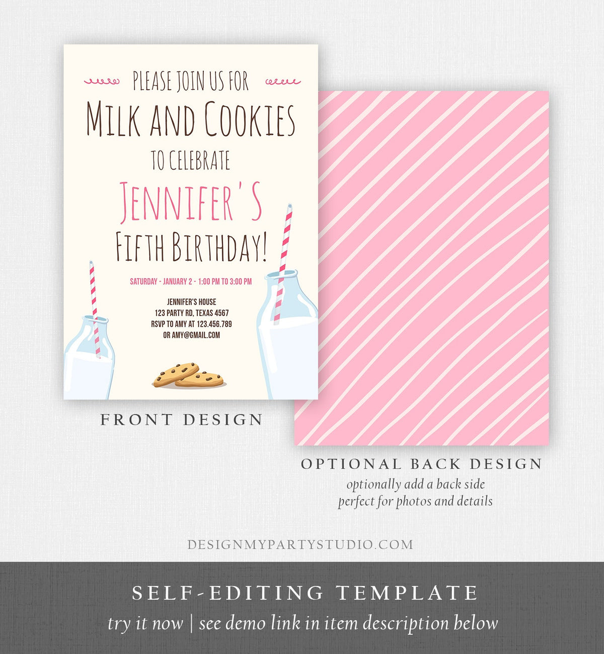 Editable Milk and Cookies Birthday Invitation Milk &amp; Cookies Party Girl Pink Sweet Chocolate Chip Cookie Corjl Template Printable 0088