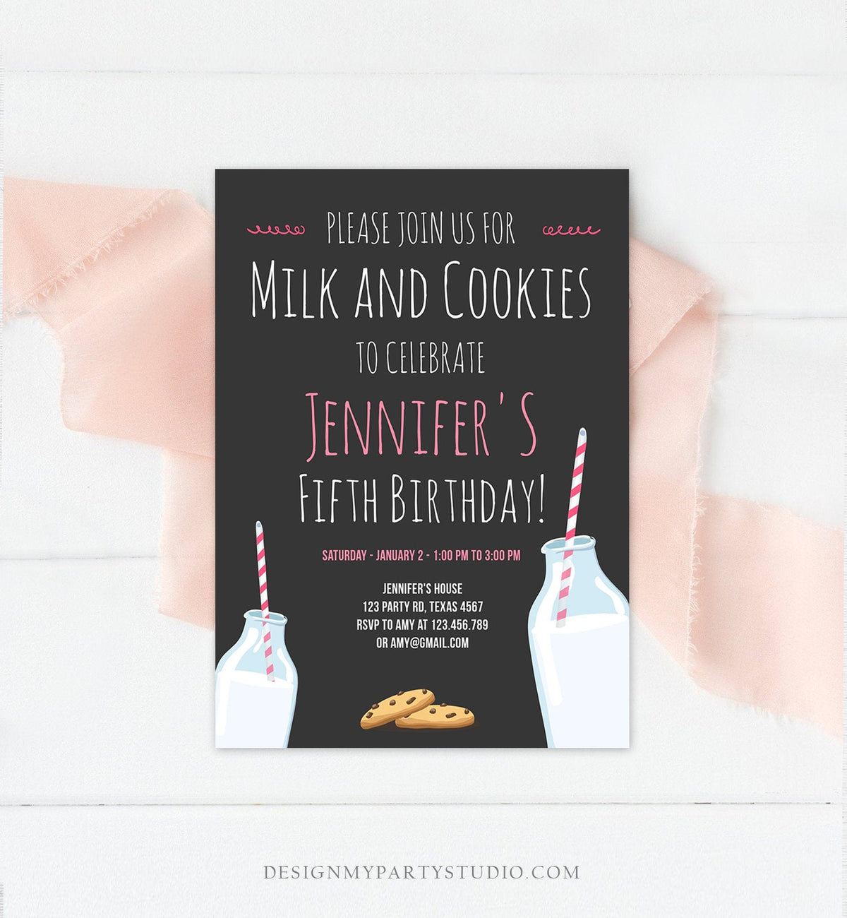 Editable Milk and Cookies Birthday Invitation Milk &amp; Cookies Party Girl Pink Sweet Chocolate Chip Cookie Corjl Template Printable 0088
