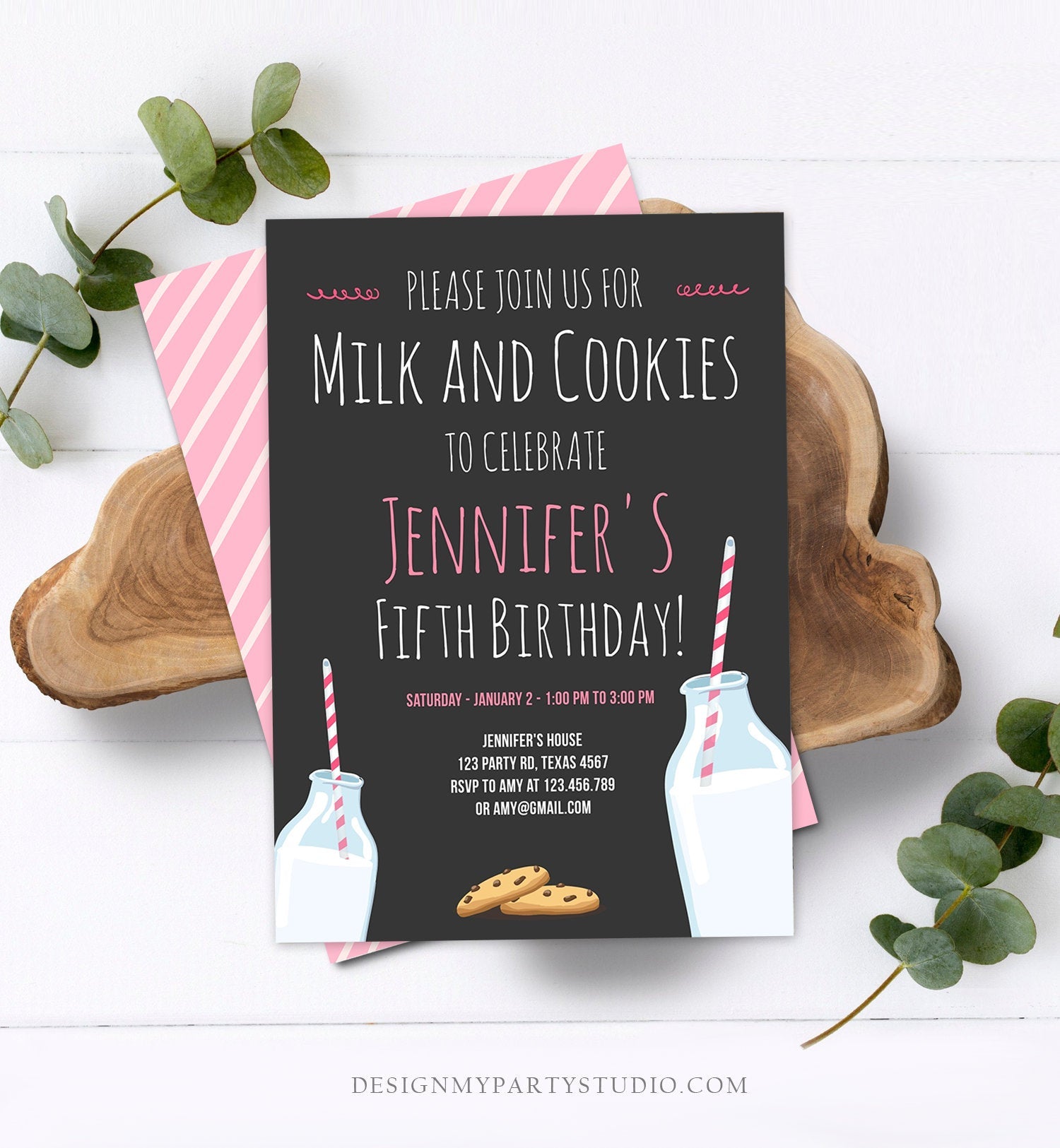 Editable Milk and Cookies Birthday Invitation Milk & Cookies Party Girl Pink Sweet Chocolate Chip Cookie Corjl Template Printable 0088