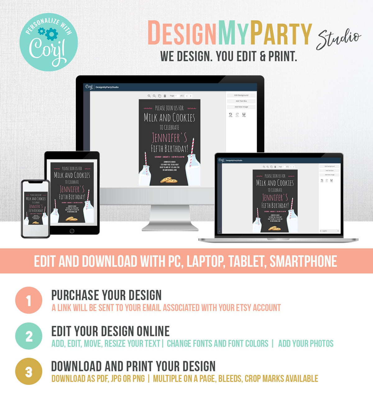 Editable Milk and Cookies Birthday Invitation Milk &amp; Cookies Party Girl Pink Sweet Chocolate Chip Cookie Corjl Template Printable 0088