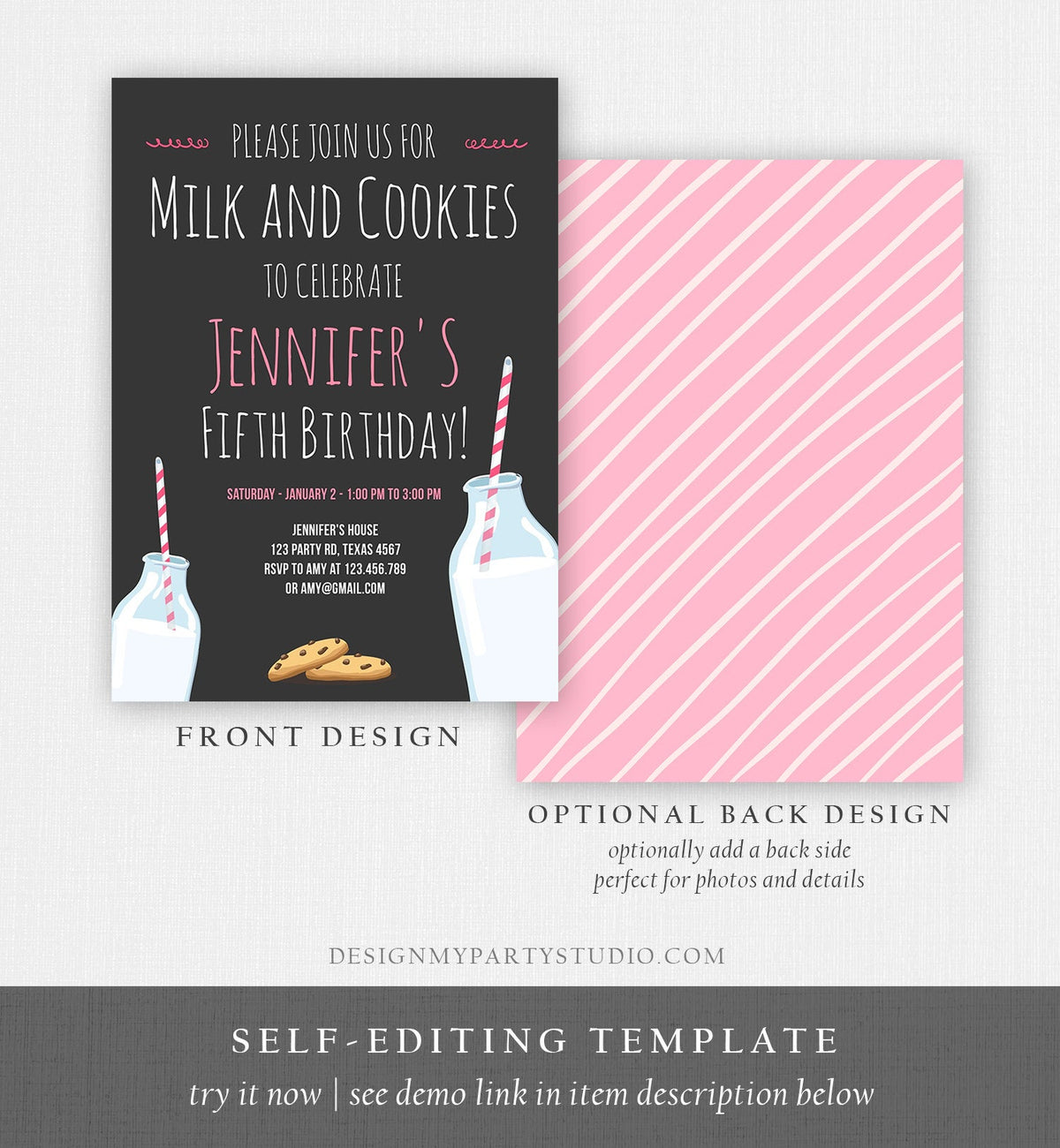 Editable Milk and Cookies Birthday Invitation Milk &amp; Cookies Party Girl Pink Sweet Chocolate Chip Cookie Corjl Template Printable 0088