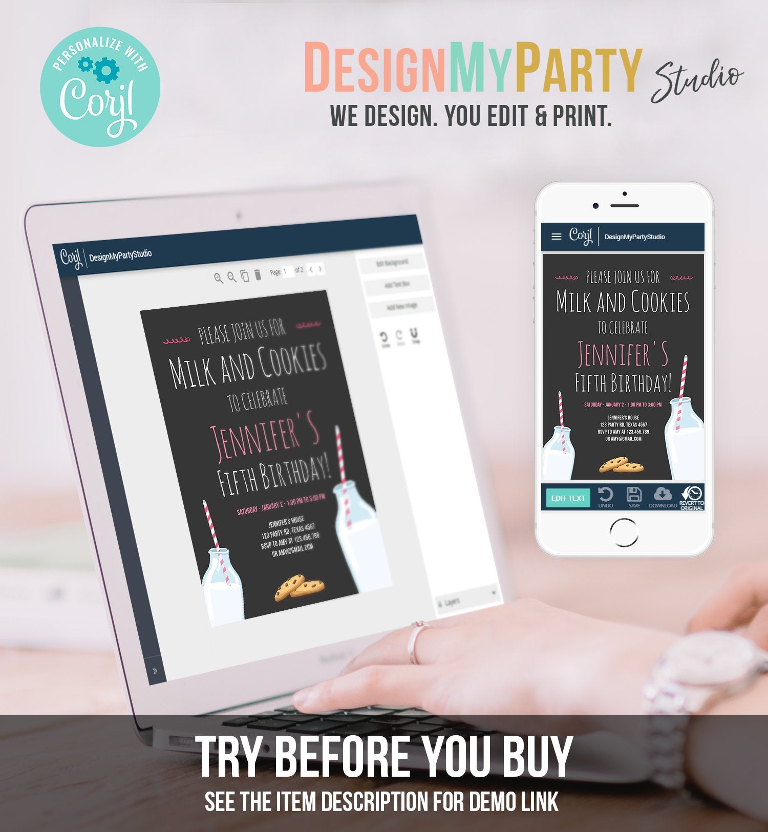 Editable Milk and Cookies Birthday Invitation Milk & Cookies Party Girl Pink Sweet Chocolate Chip Cookie Corjl Template Printable 0088