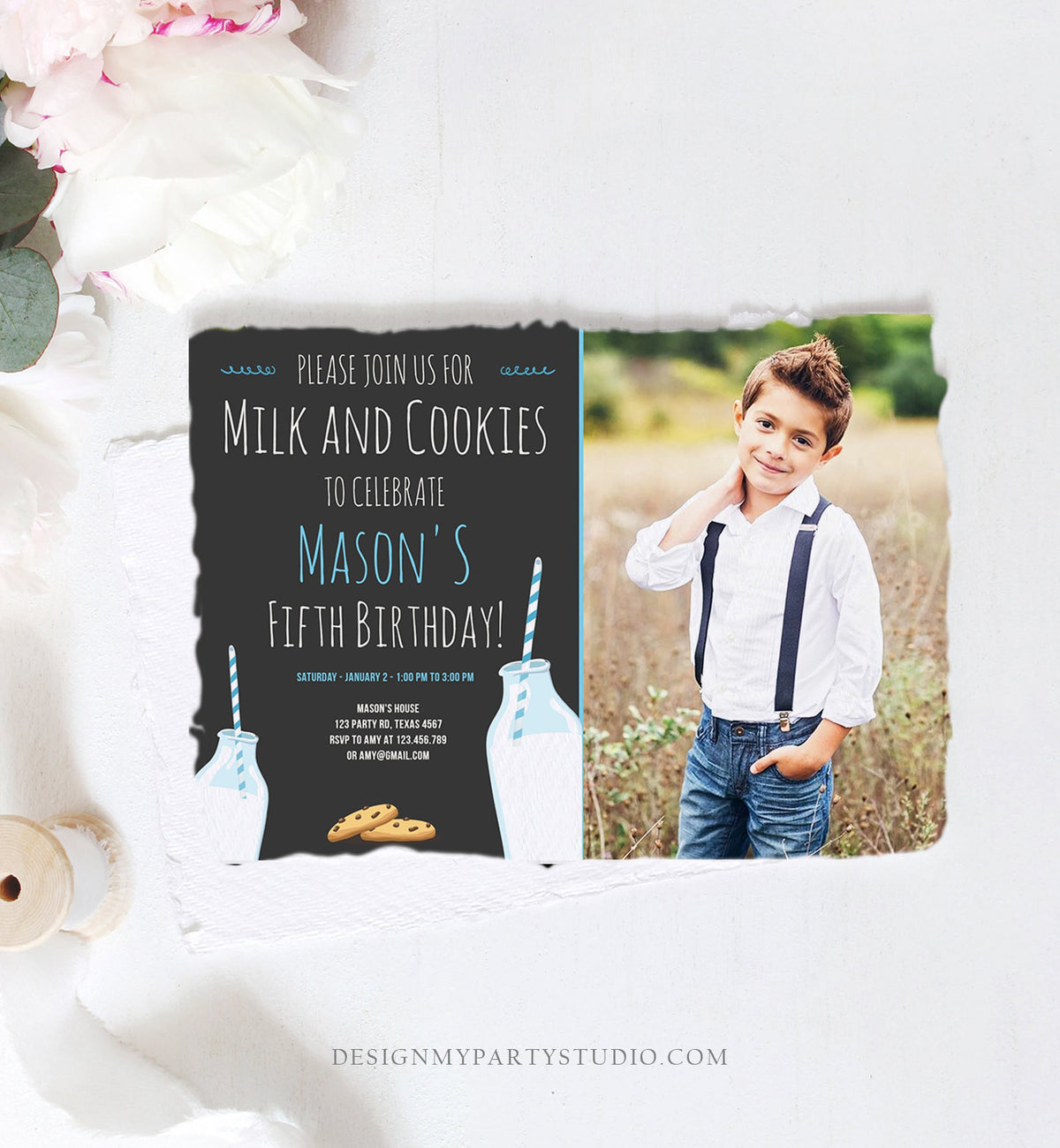 Editable Milk and Cookies Birthday Invitation Milk &amp; Cookies Party Boy Blue Sweet Chocolate Chip Cookie Corjl Template Printable 0088
