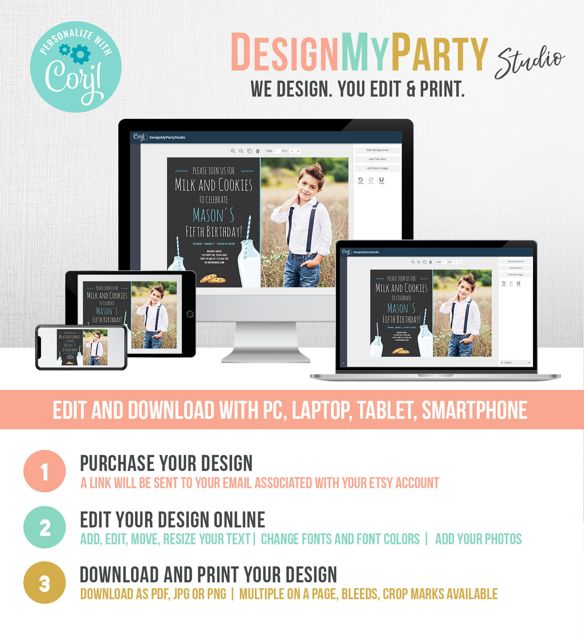 Editable Milk and Cookies Birthday Invitation Milk &amp; Cookies Party Boy Blue Sweet Chocolate Chip Cookie Corjl Template Printable 0088