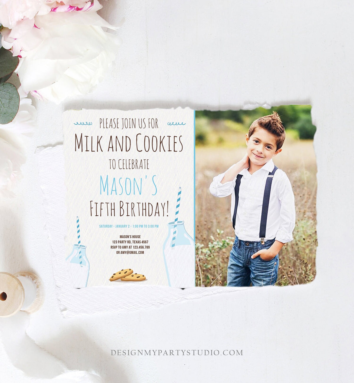Editable Milk and Cookies Birthday Invitation Milk &amp; Cookies Party Boy Blue Sweet Chocolate Chip Cookie Corjl Template Printable 0088