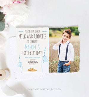 Editable Milk and Cookies Birthday Invitation Milk & Cookies Party Boy Blue Sweet Chocolate Chip Cookie Corjl Template Printable 0088