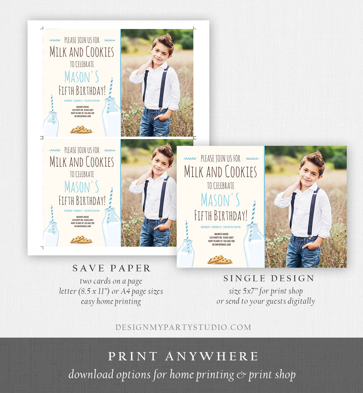 Editable Milk and Cookies Birthday Invitation Milk &amp; Cookies Party Boy Blue Sweet Chocolate Chip Cookie Corjl Template Printable 0088